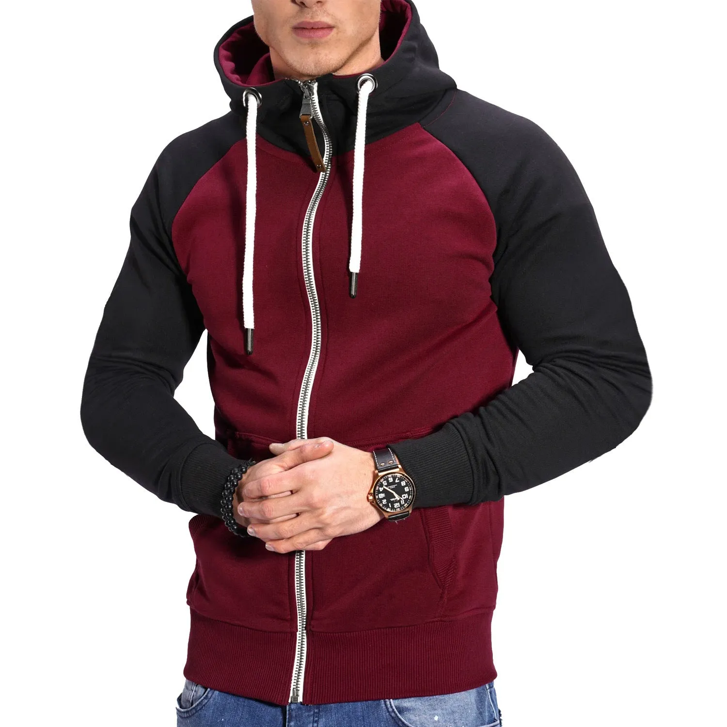 COLOR BLOCKED FITNESS SPORTS MEN'S HOODIE CASUAL FASHION CONTRASTING RAGLAN SLEEVE CARDIGAN TOP