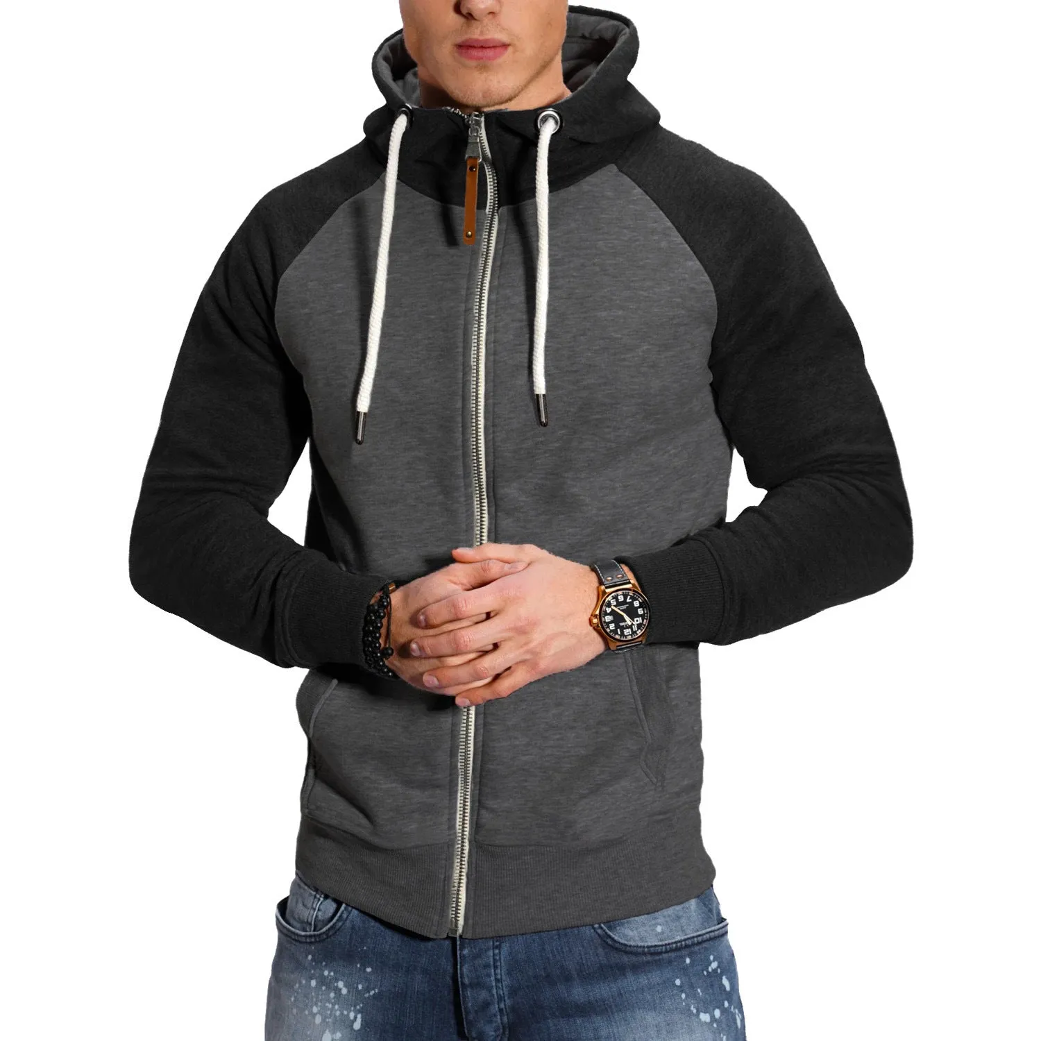 COLOR BLOCKED FITNESS SPORTS MEN'S HOODIE CASUAL FASHION CONTRASTING RAGLAN SLEEVE CARDIGAN TOP