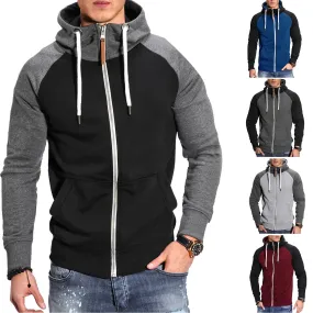 COLOR BLOCKED FITNESS SPORTS MEN'S HOODIE CASUAL FASHION CONTRASTING RAGLAN SLEEVE CARDIGAN TOP