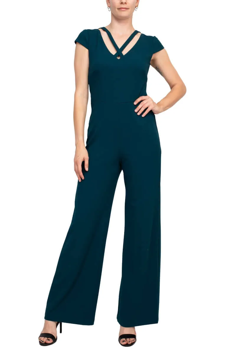 Connected Apparel Banded V-Neck Short Zipper Closure Solid Crepe Jumpsuit