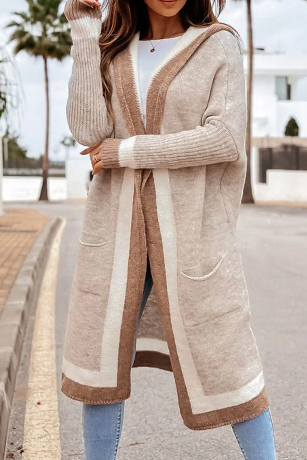 Contrast Hoodie Open Front Long Cardigan