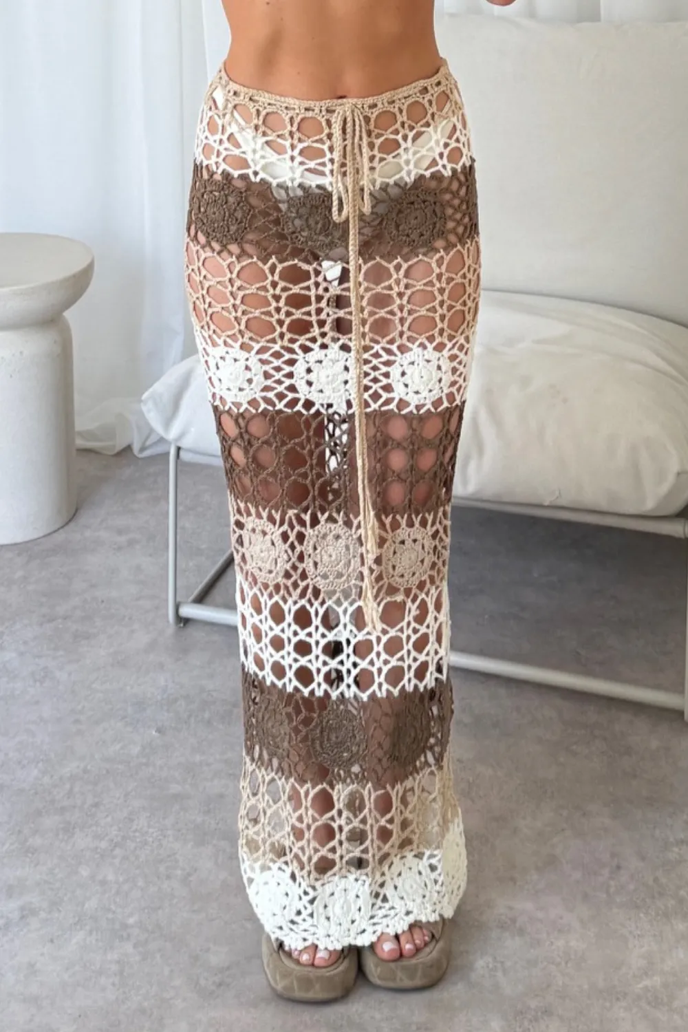 Coral brown and beige crochet maxi skirt