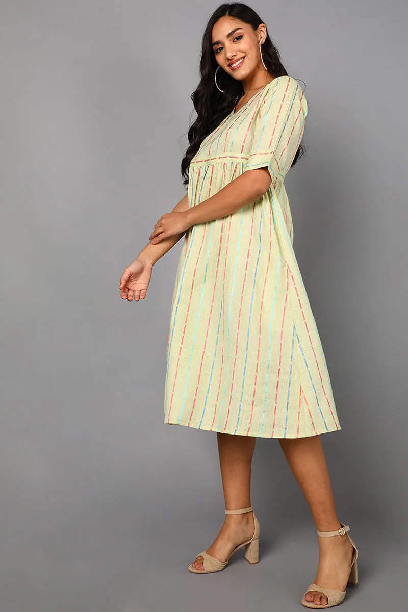 Cream Cotton Striped Midi Dress