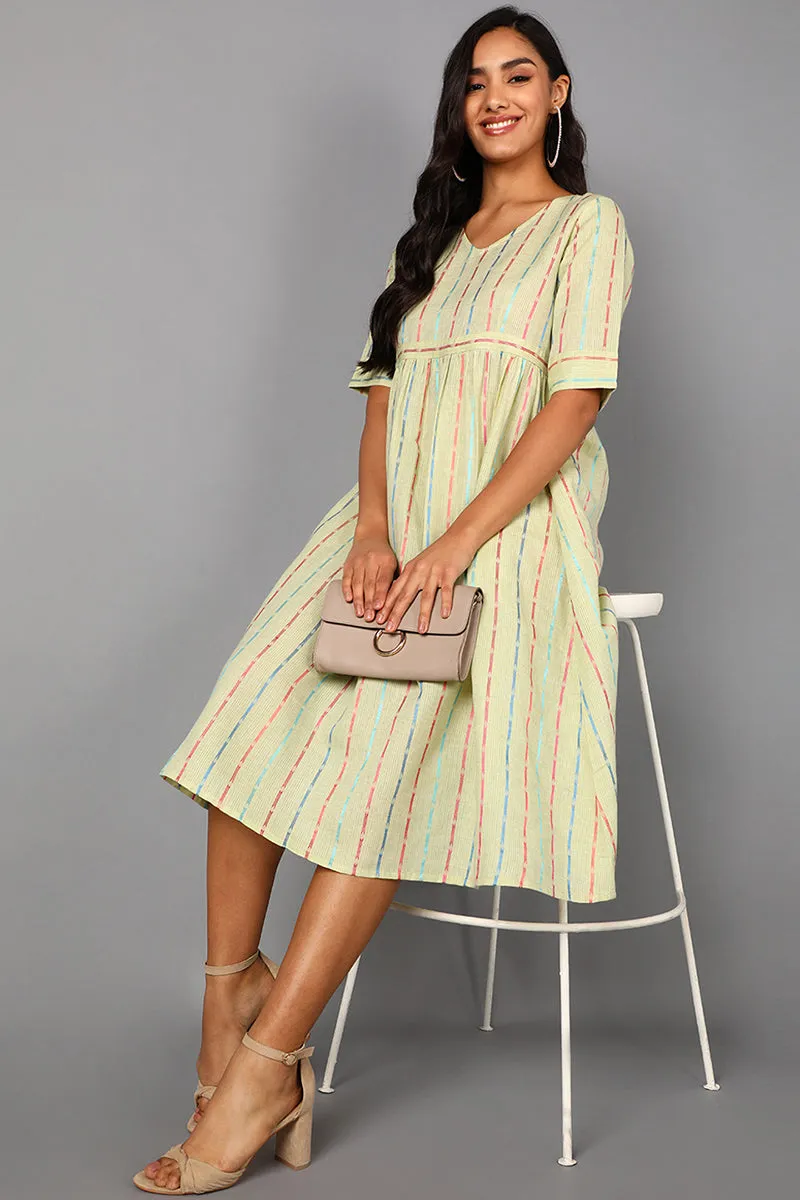 Cream Cotton Striped Midi Dress