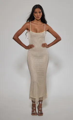 Cream Diamante Mesh Maxi Dress