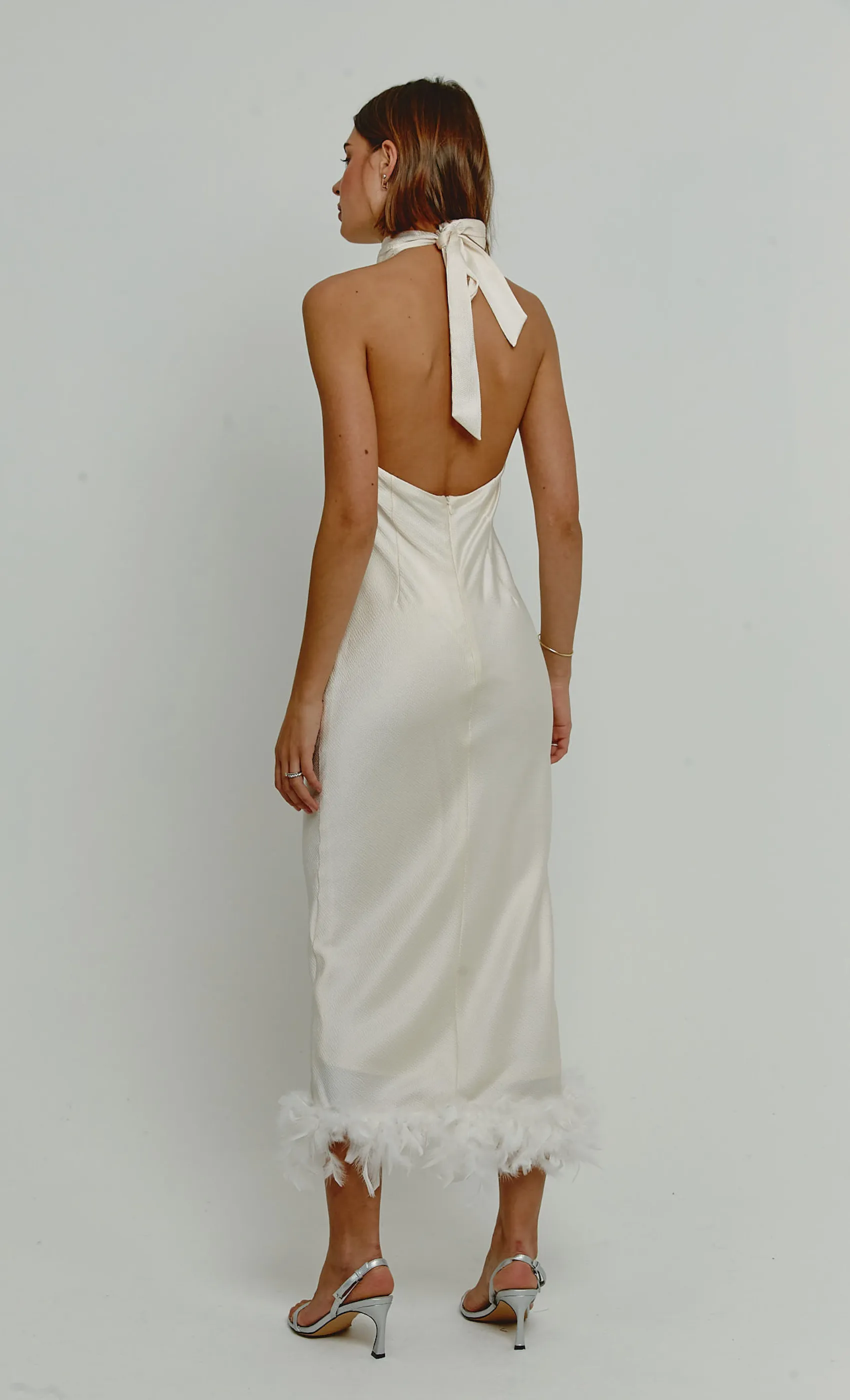 Cream High Neck Feather Trim Maxi Dress