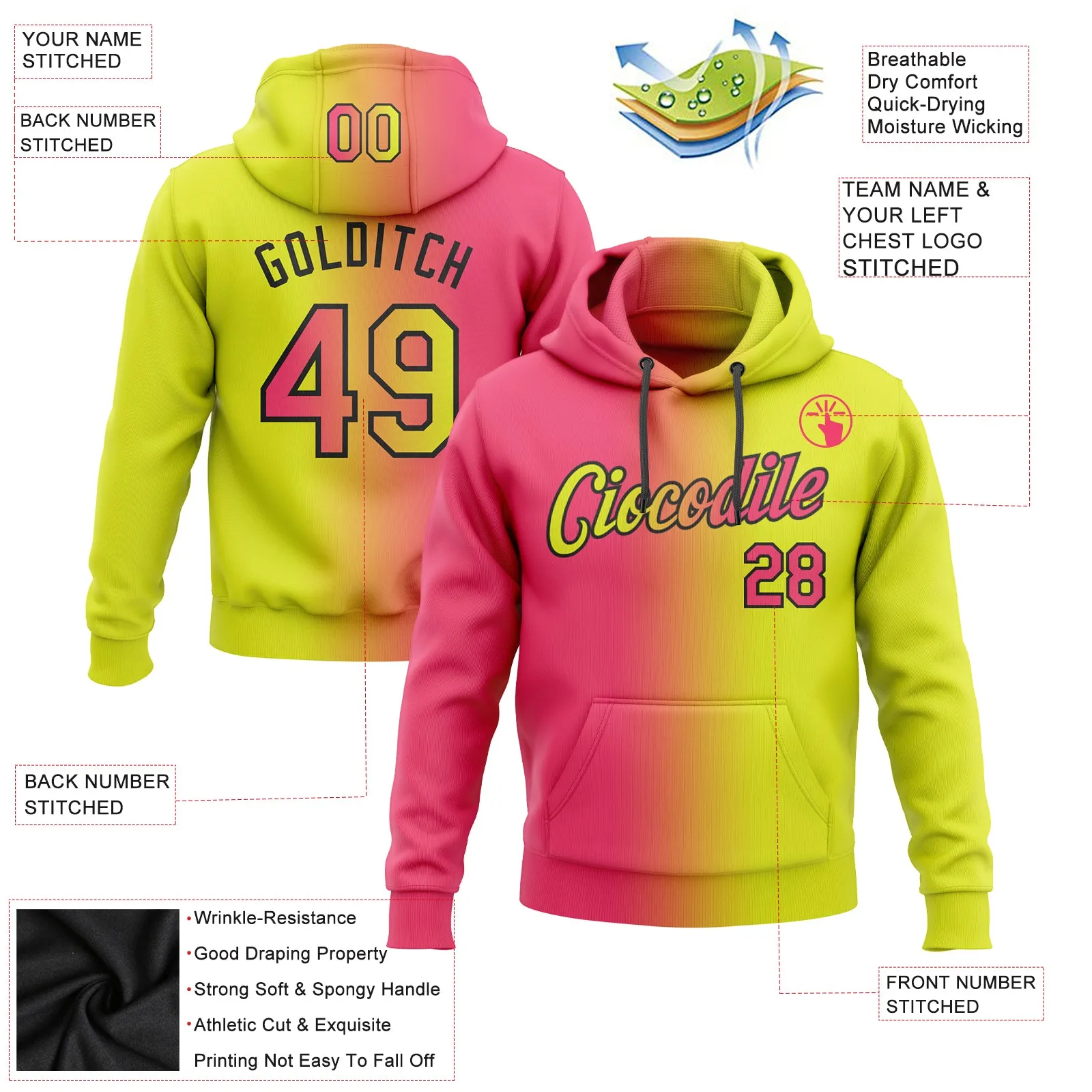 Custom Stitched Neon Yellow Neon Pink-Black Gradient Fashion Sports Pullover Sweatshirt Hoodie