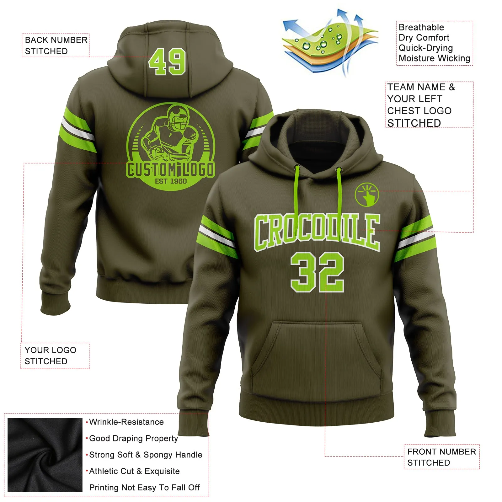 Custom Stitched Olive Neon Green-White Football Pullover Sweatshirt Salute To Service Hoodie