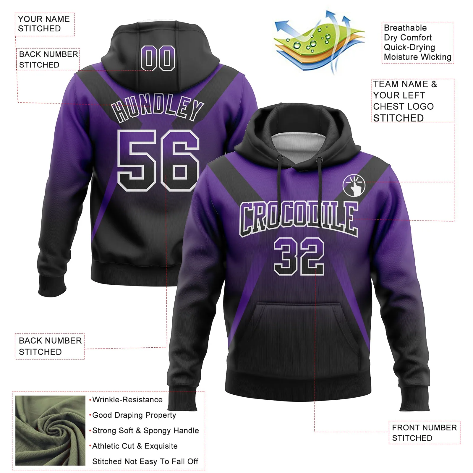 Custom Stitched Purple Black-White Fade Fashion Arrow Sports Pullover Sweatshirt Hoodie