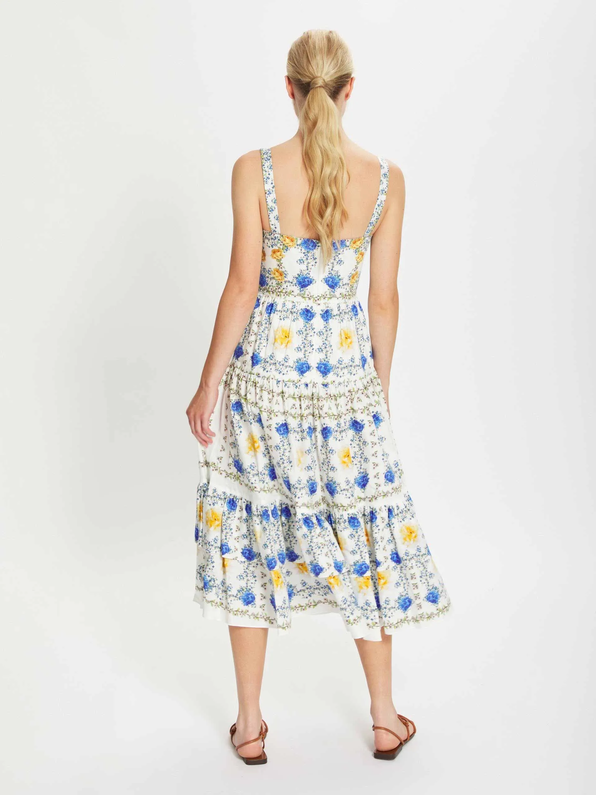 Daniela yellow, blue and white cotton midi dress