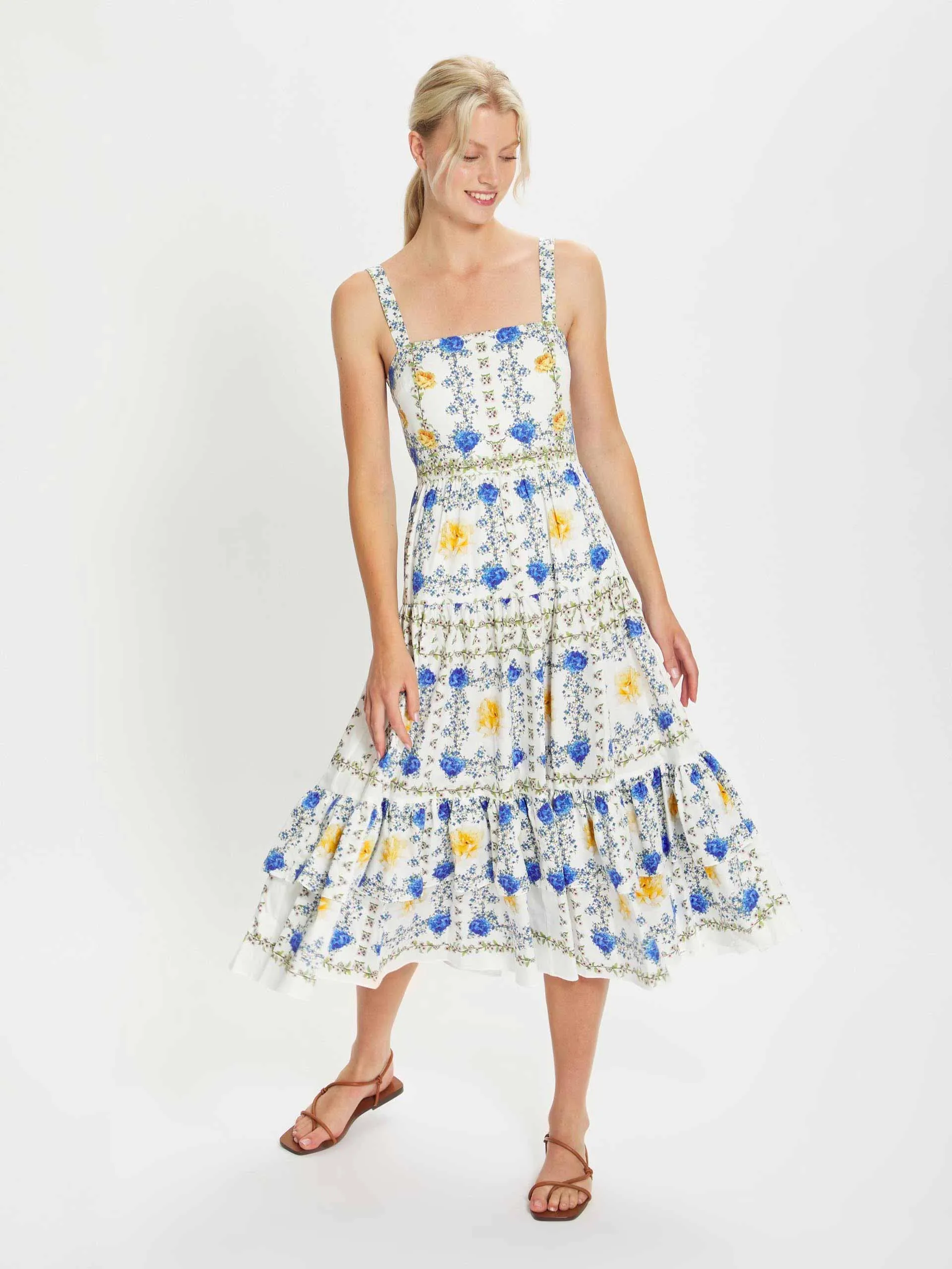 Daniela yellow, blue and white cotton midi dress