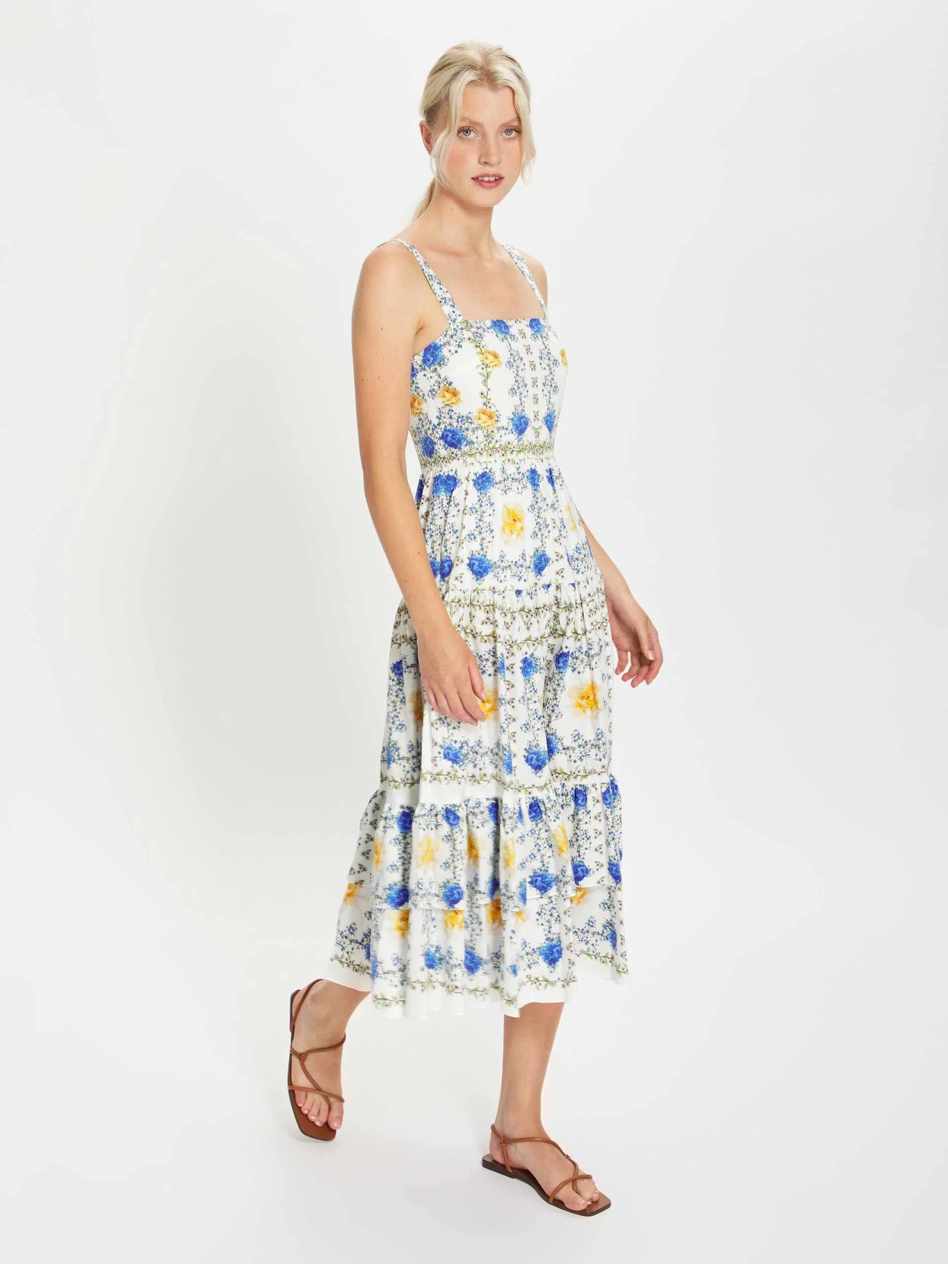 Daniela yellow, blue and white cotton midi dress