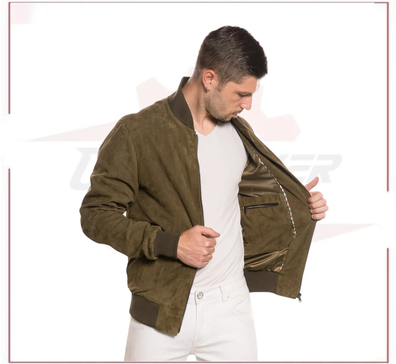 David - Men's Bomber Jacket in Genuine Light Green Suede Leather