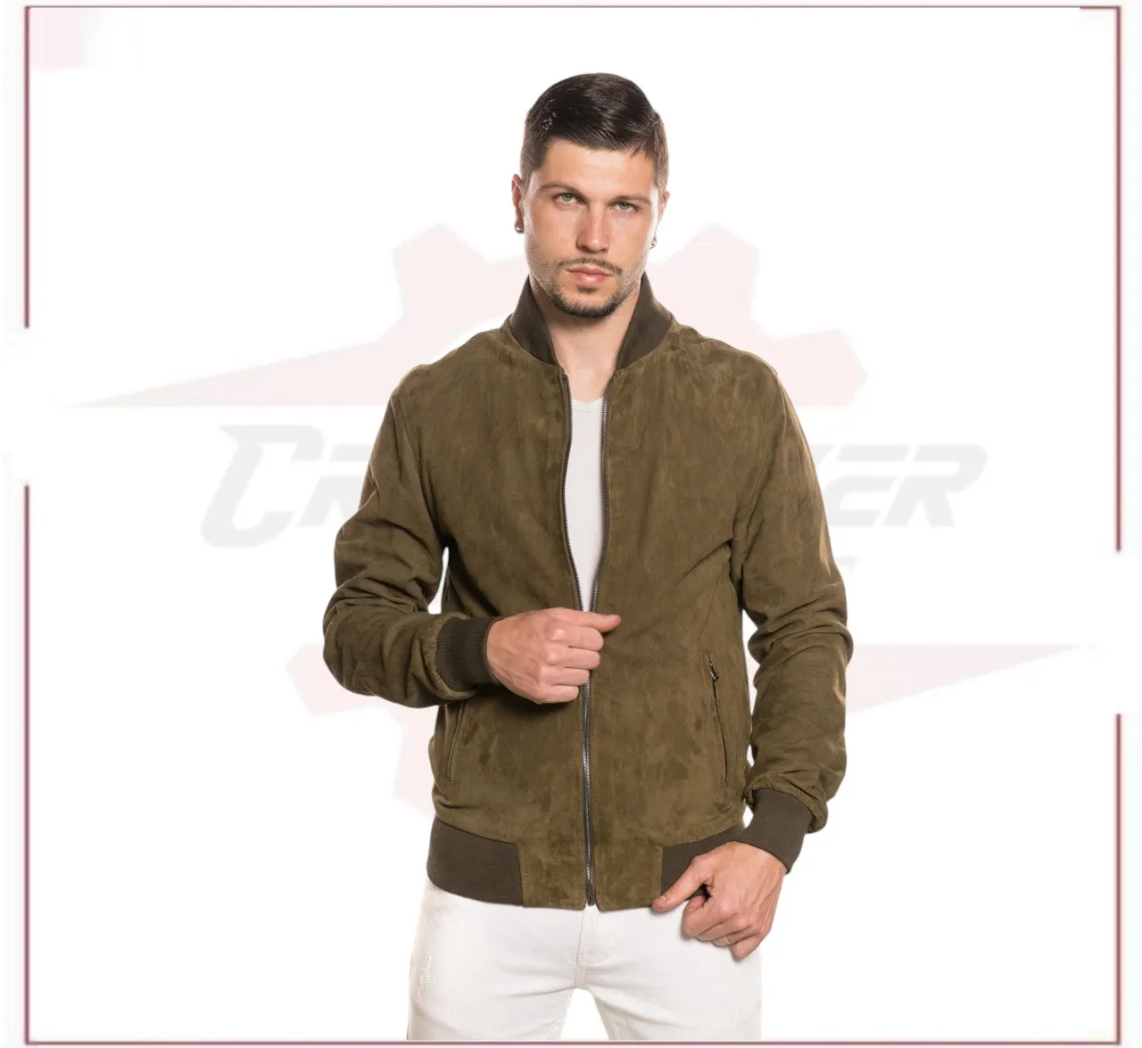 David - Men's Bomber Jacket in Genuine Light Green Suede Leather