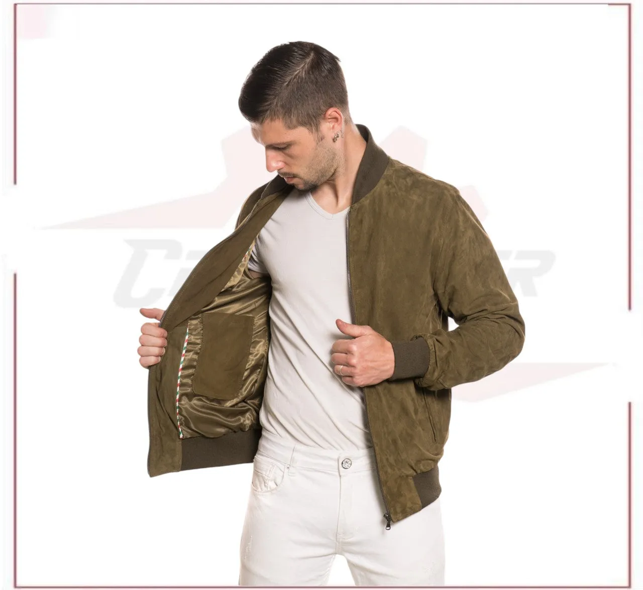 David - Men's Bomber Jacket in Genuine Light Green Suede Leather