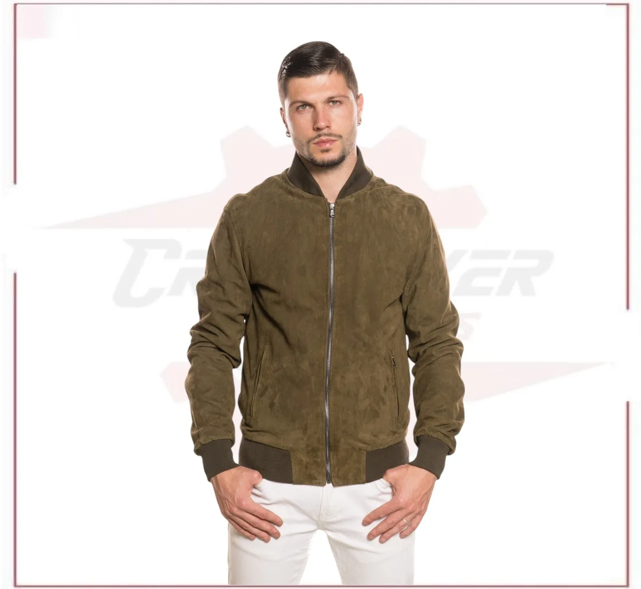 David - Men's Bomber Jacket in Genuine Light Green Suede Leather