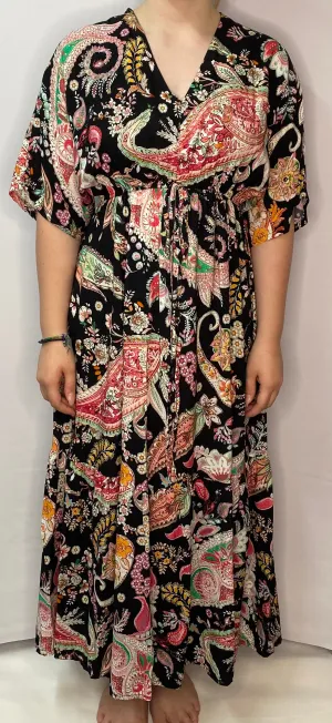 D.E.C.K By Decollage 9477 Paisley Black Multi Print Maxi Dress