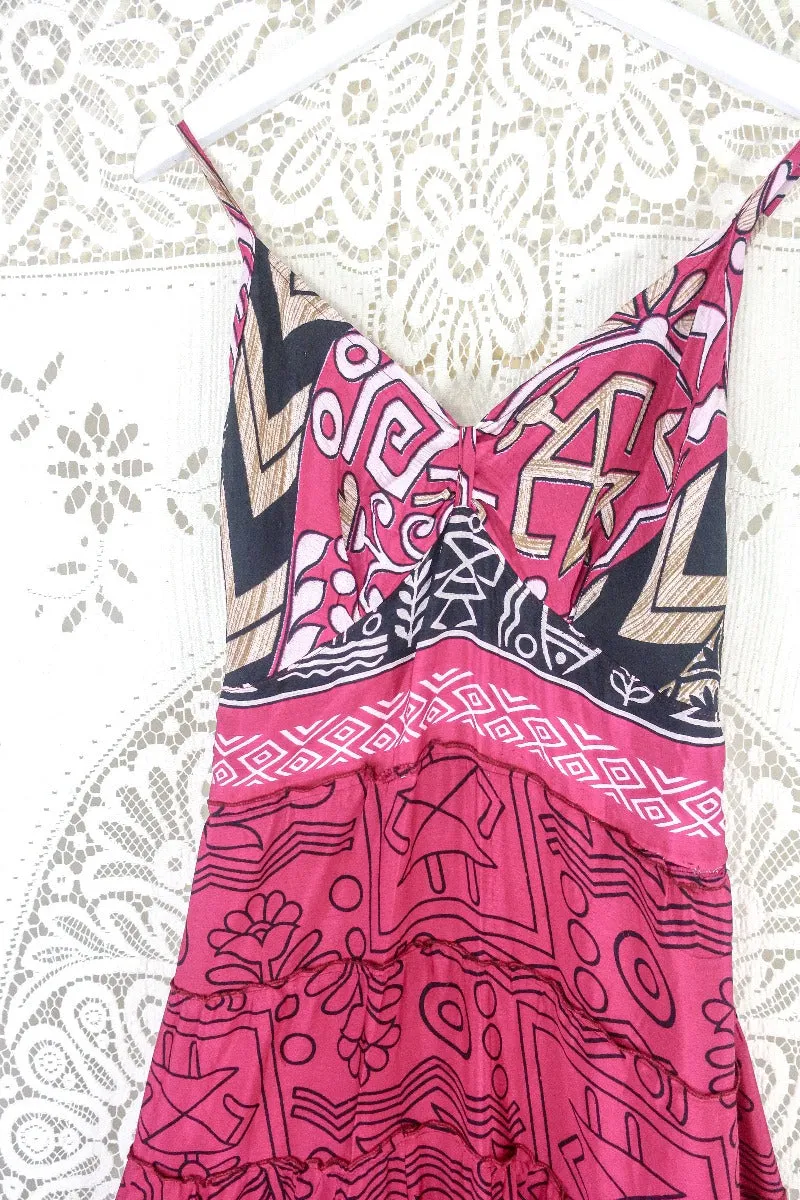 Delilah Maxi Dress - Blazing Pink & Black Graphic Print - Vintage Sari - Free Size M/L