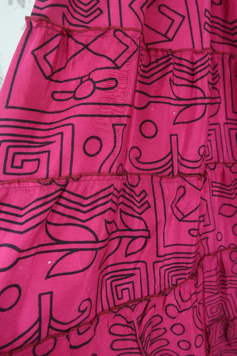 Delilah Maxi Dress - Blazing Pink & Black Graphic Print - Vintage Sari - Free Size M/L