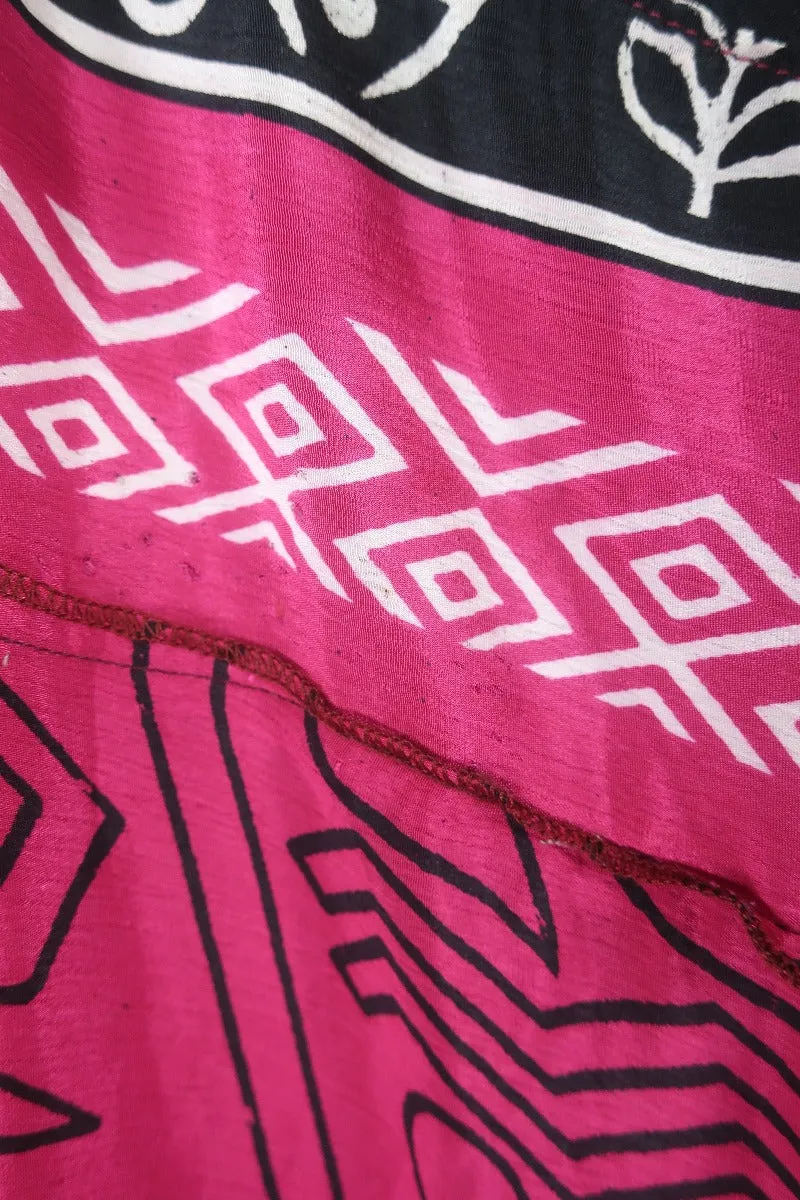 Delilah Maxi Dress - Blazing Pink & Black Graphic Print - Vintage Sari - Free Size M/L