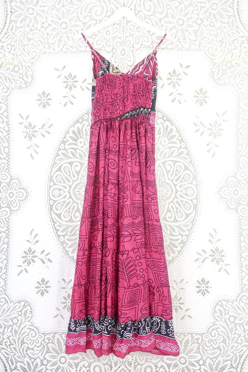 Delilah Maxi Dress - Blazing Pink & Black Graphic Print - Vintage Sari - Free Size M/L