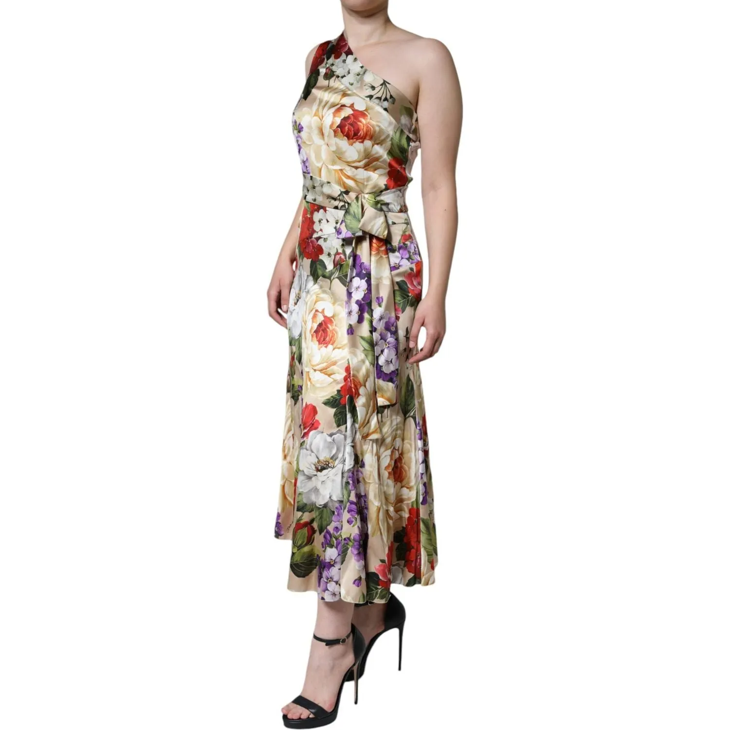 Dolce & Gabbana Multicolor Floral Silk Stretch One Shoulder Dress