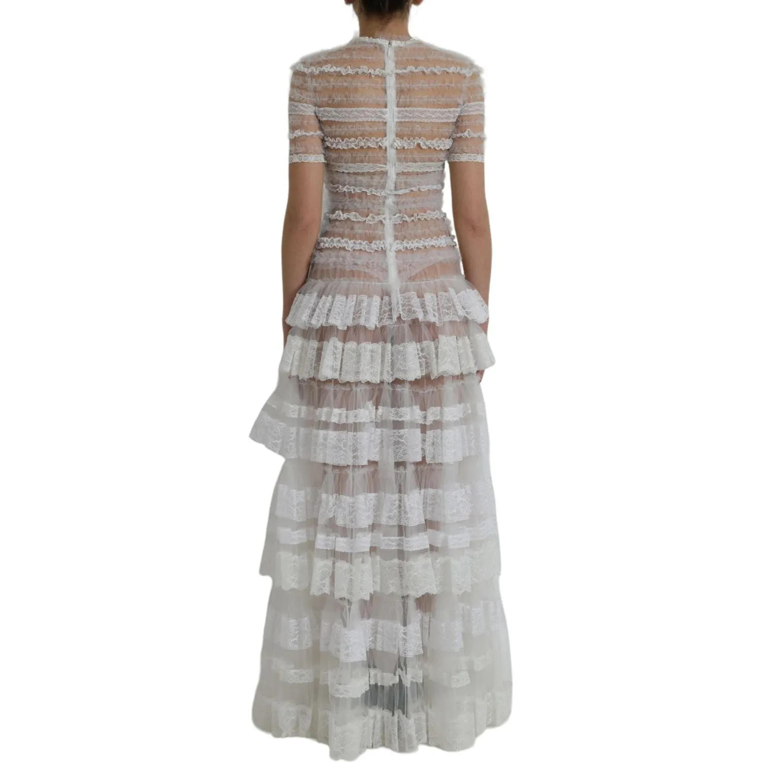 Dolce & Gabbana White Nylon Sheer Tiered Lace Maxi Dress