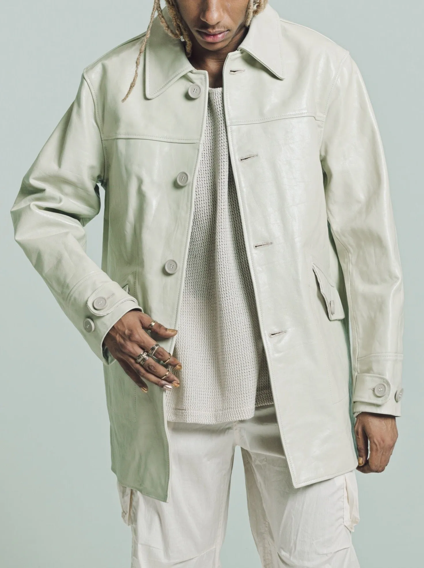 Dusty White Leather Buta Coat