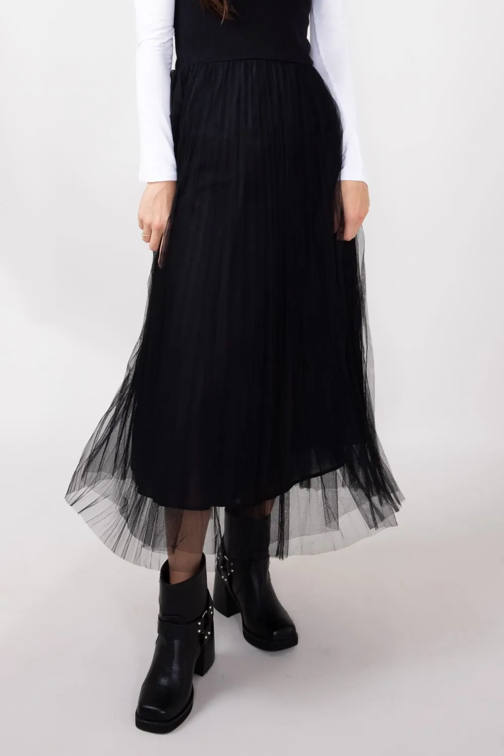 Elan Mixed Media Tulle Midi Dress for Women in Black | TUK50055-BLK