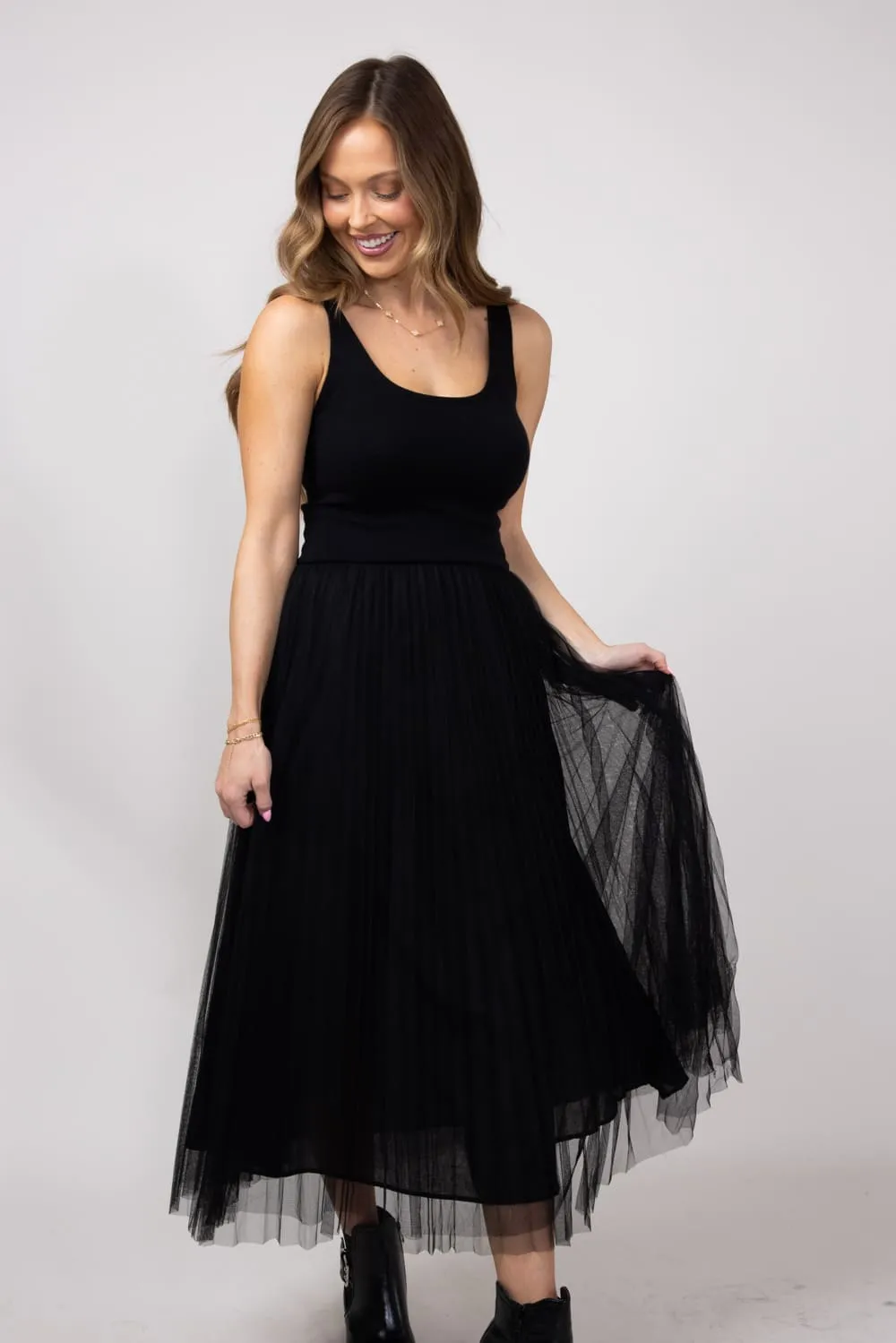 Elan Mixed Media Tulle Midi Dress for Women in Black | TUK50055-BLK