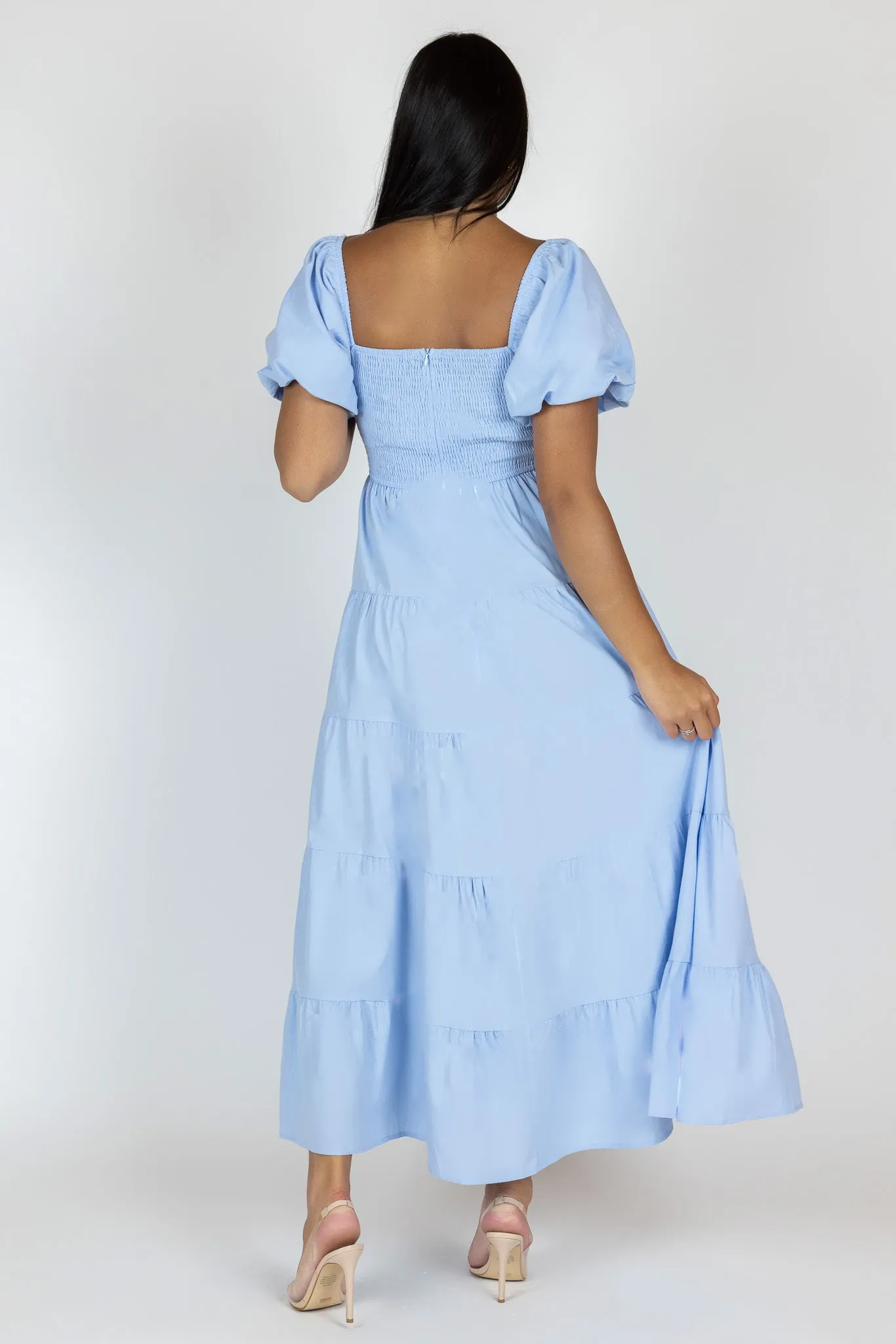 Elastic Puff Sleeve Midi Tier Dress