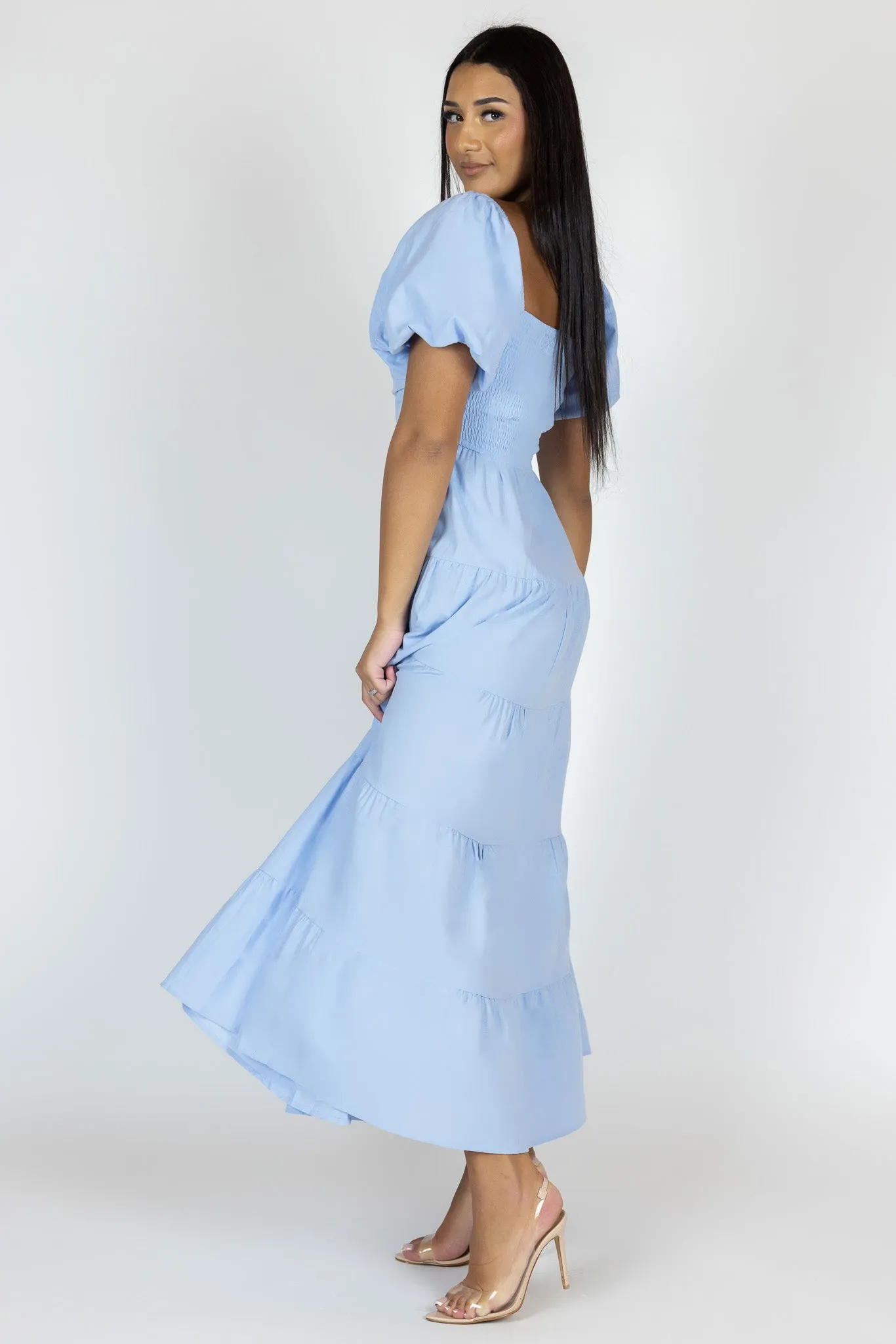 Elastic Puff Sleeve Midi Tier Dress