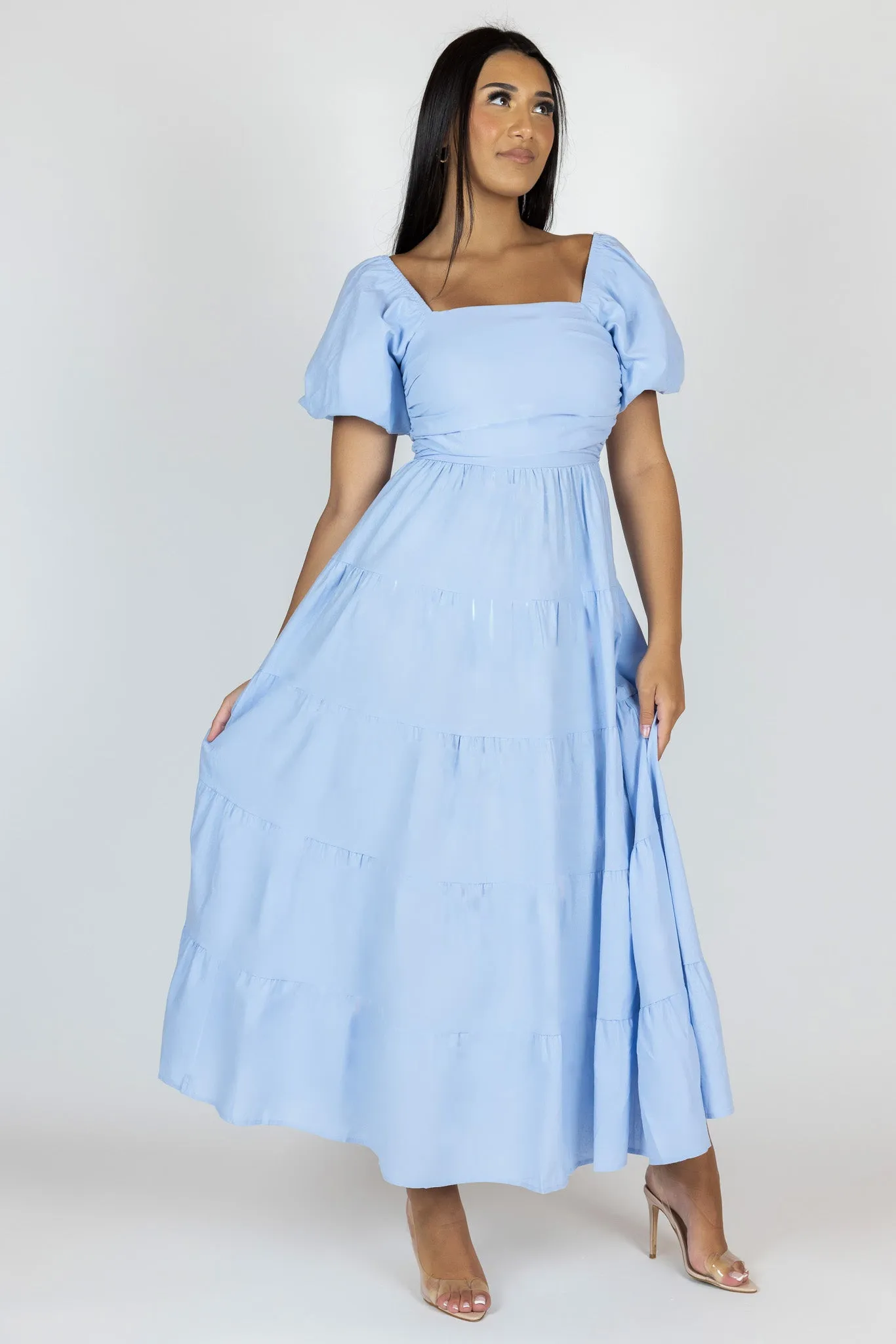 Elastic Puff Sleeve Midi Tier Dress