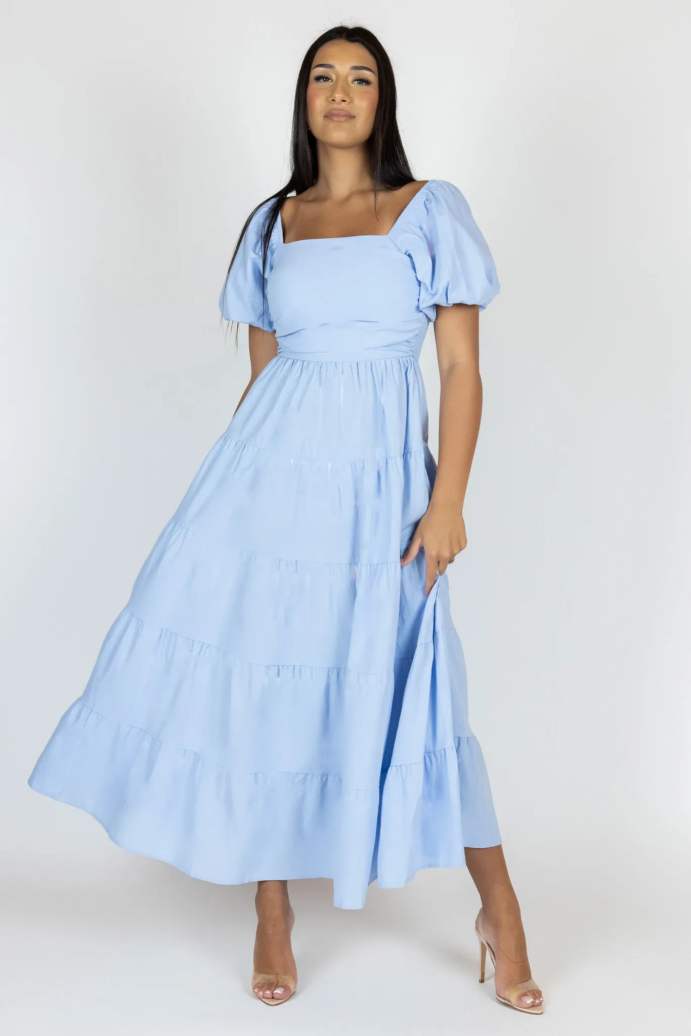 Elastic Puff Sleeve Midi Tier Dress