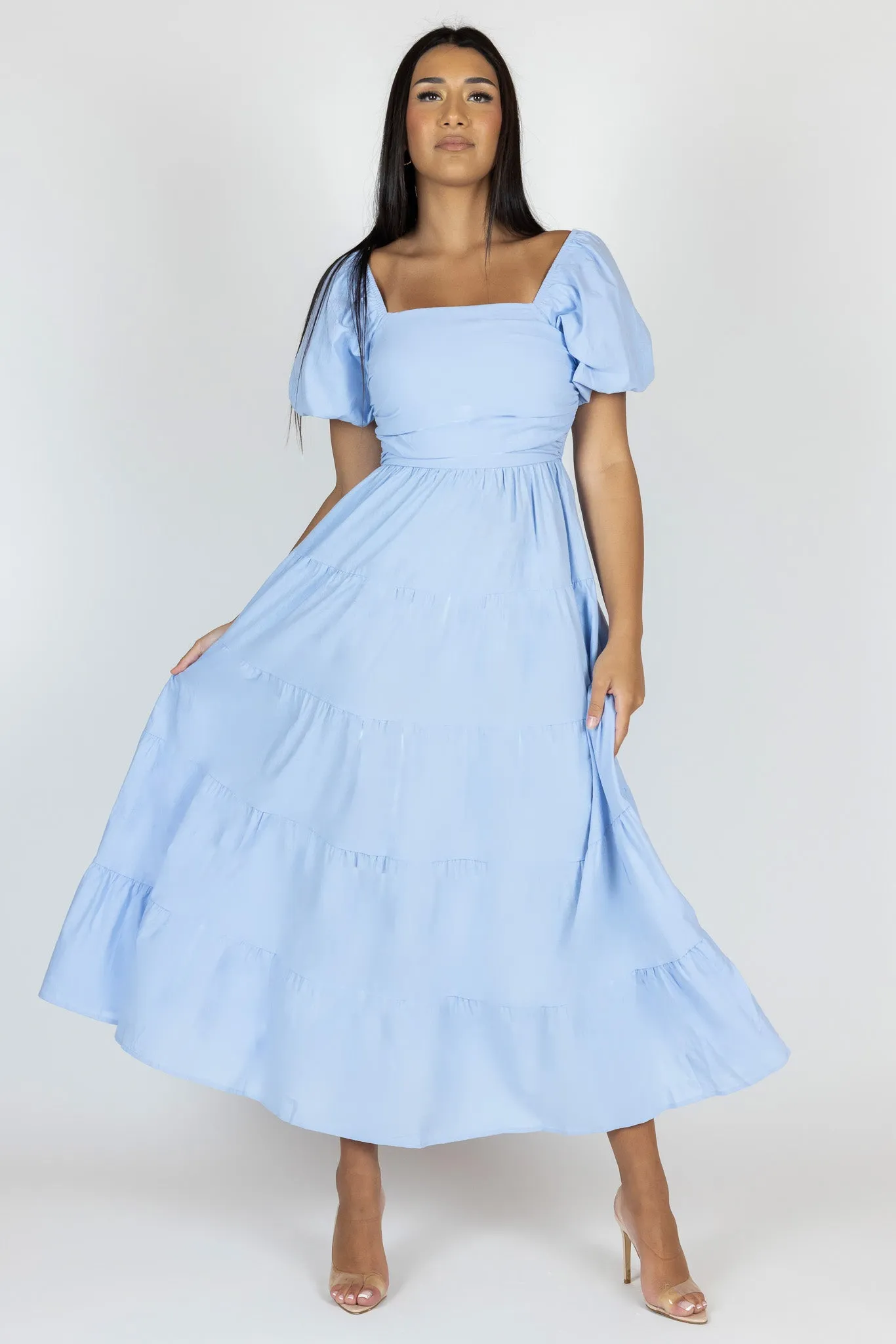 Elastic Puff Sleeve Midi Tier Dress