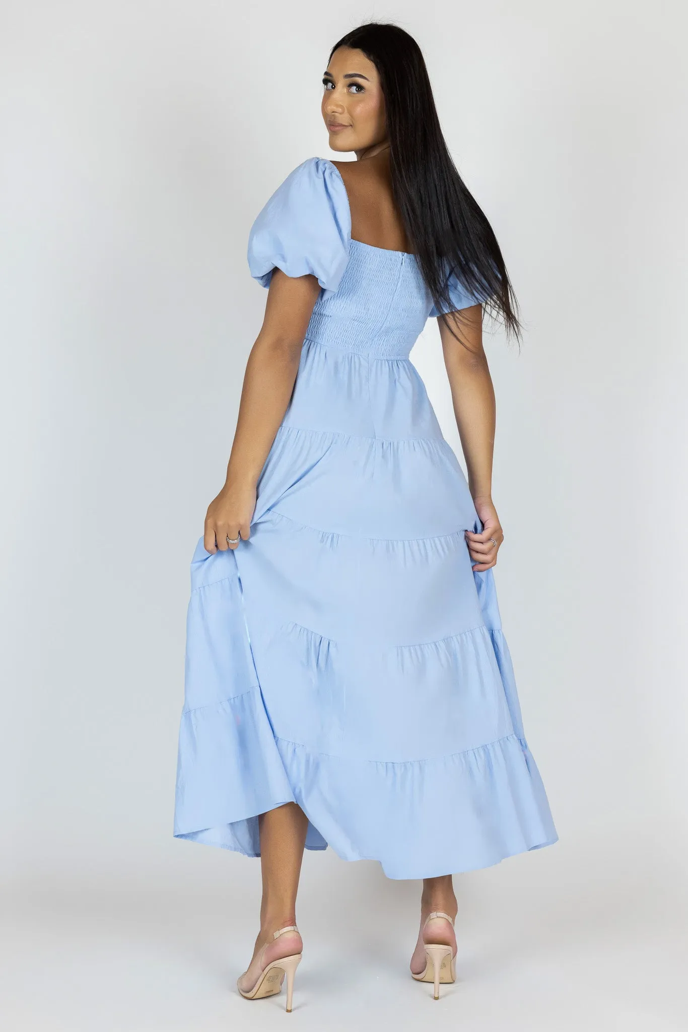 Elastic Puff Sleeve Midi Tier Dress