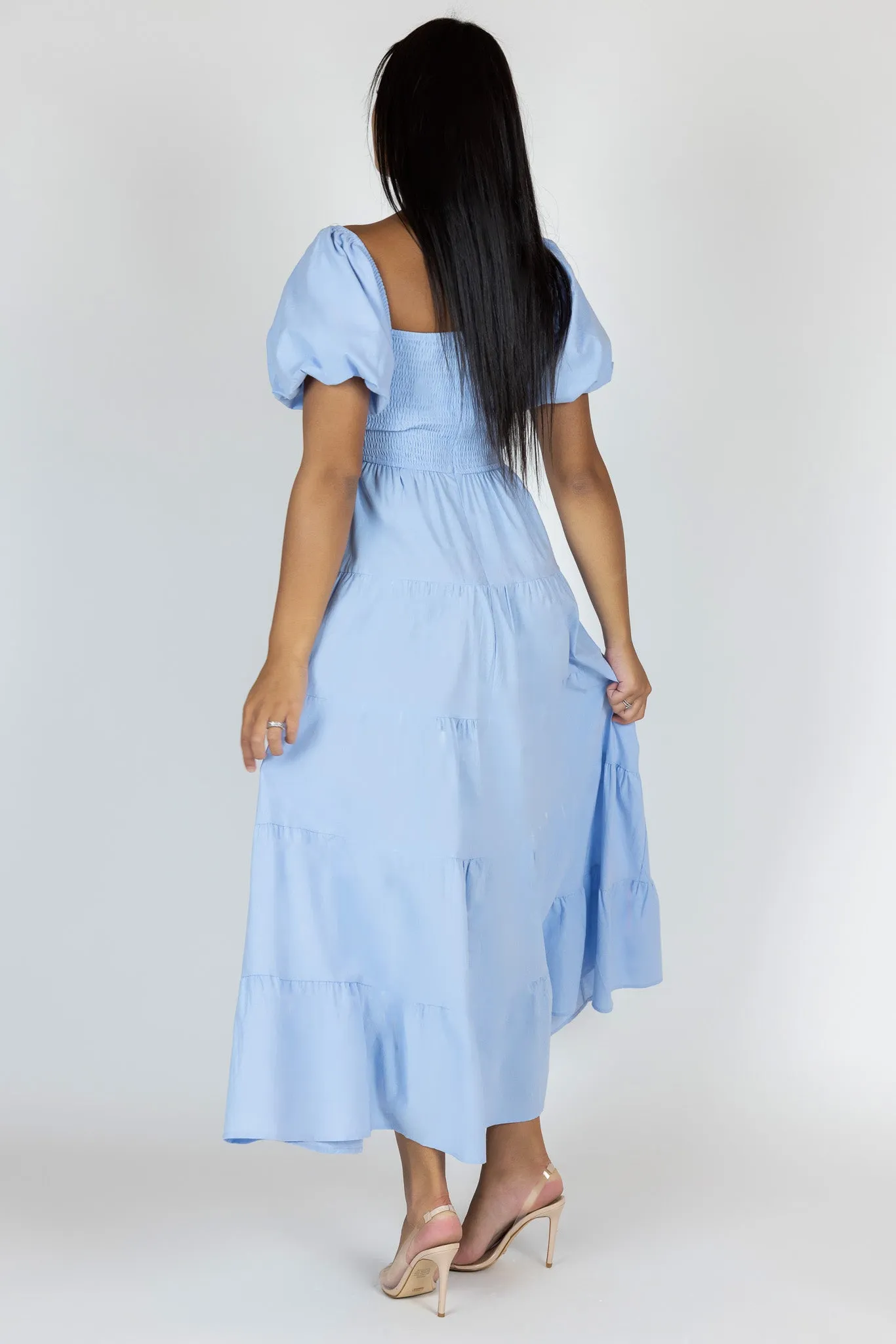 Elastic Puff Sleeve Midi Tier Dress