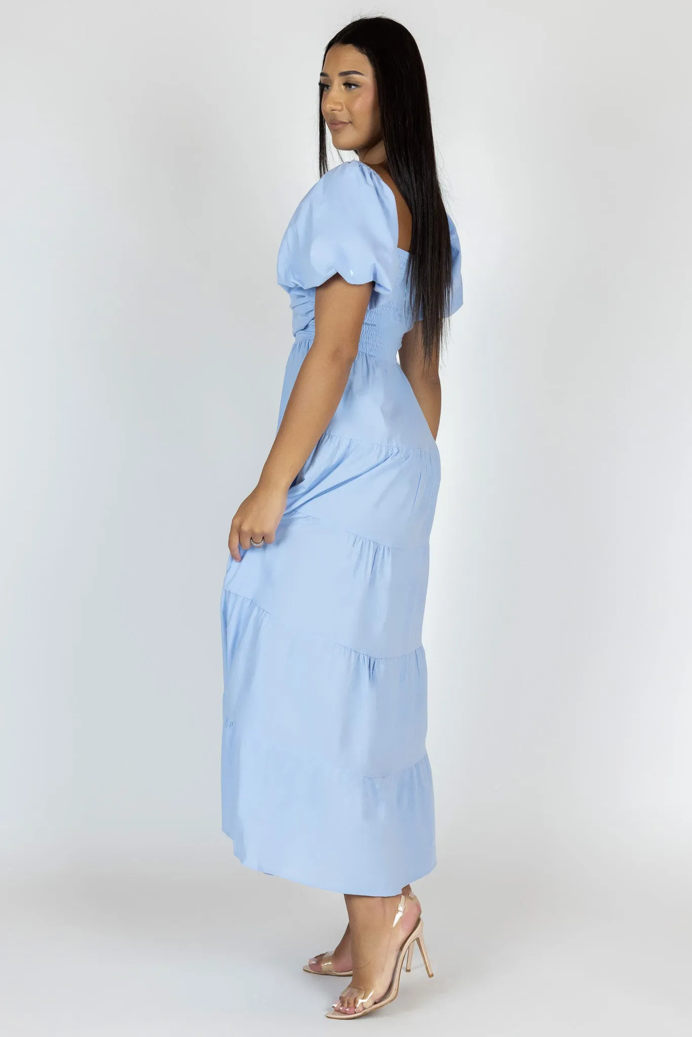 Elastic Puff Sleeve Midi Tier Dress