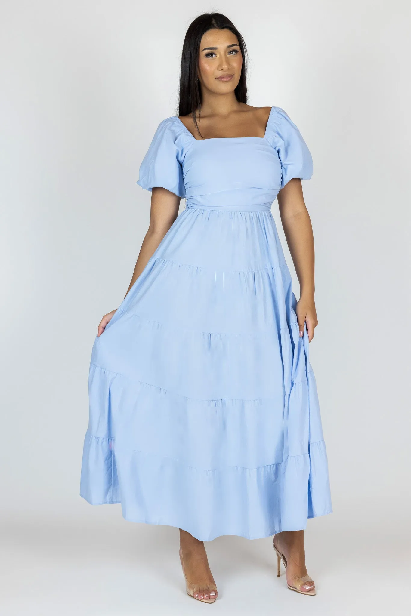 Elastic Puff Sleeve Midi Tier Dress