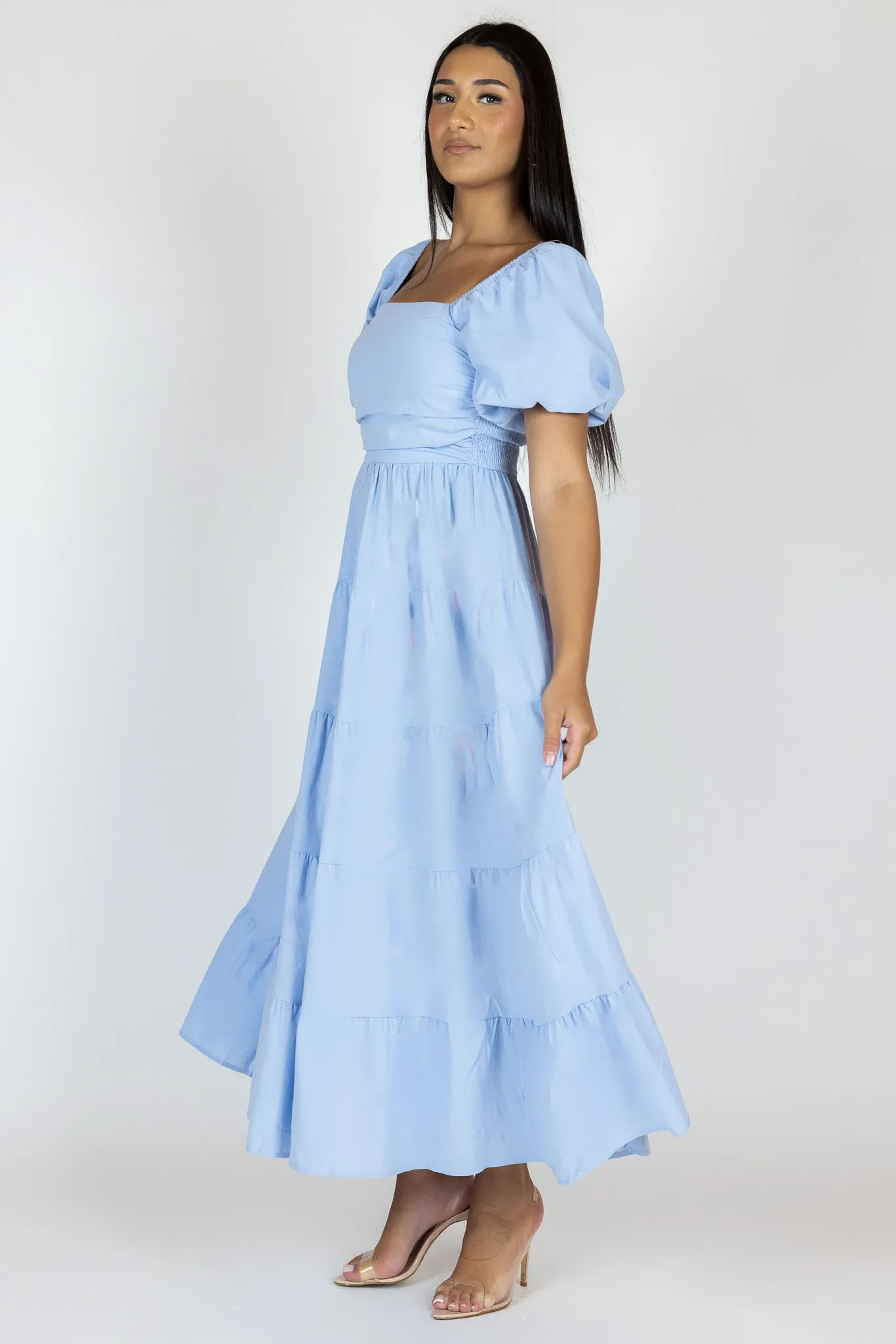 Elastic Puff Sleeve Midi Tier Dress