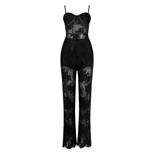 Elegant Lace Women Jumpsuit Black Long Sleeve Sexy Romper 2018 Autumn Jumpsuits Ladies Evening Party Overalls