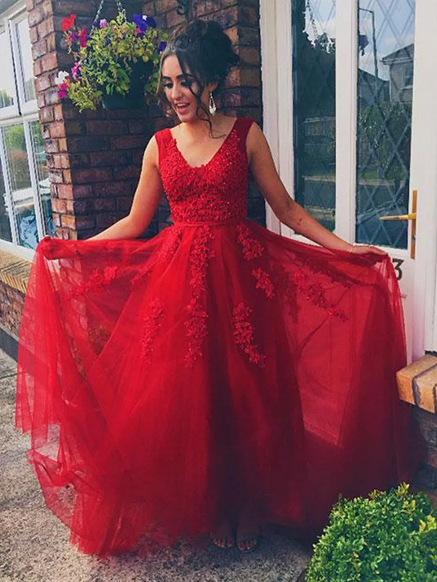 Elegant V Neck Red Lace Long Prom, Red Lace Formal, Red Evening