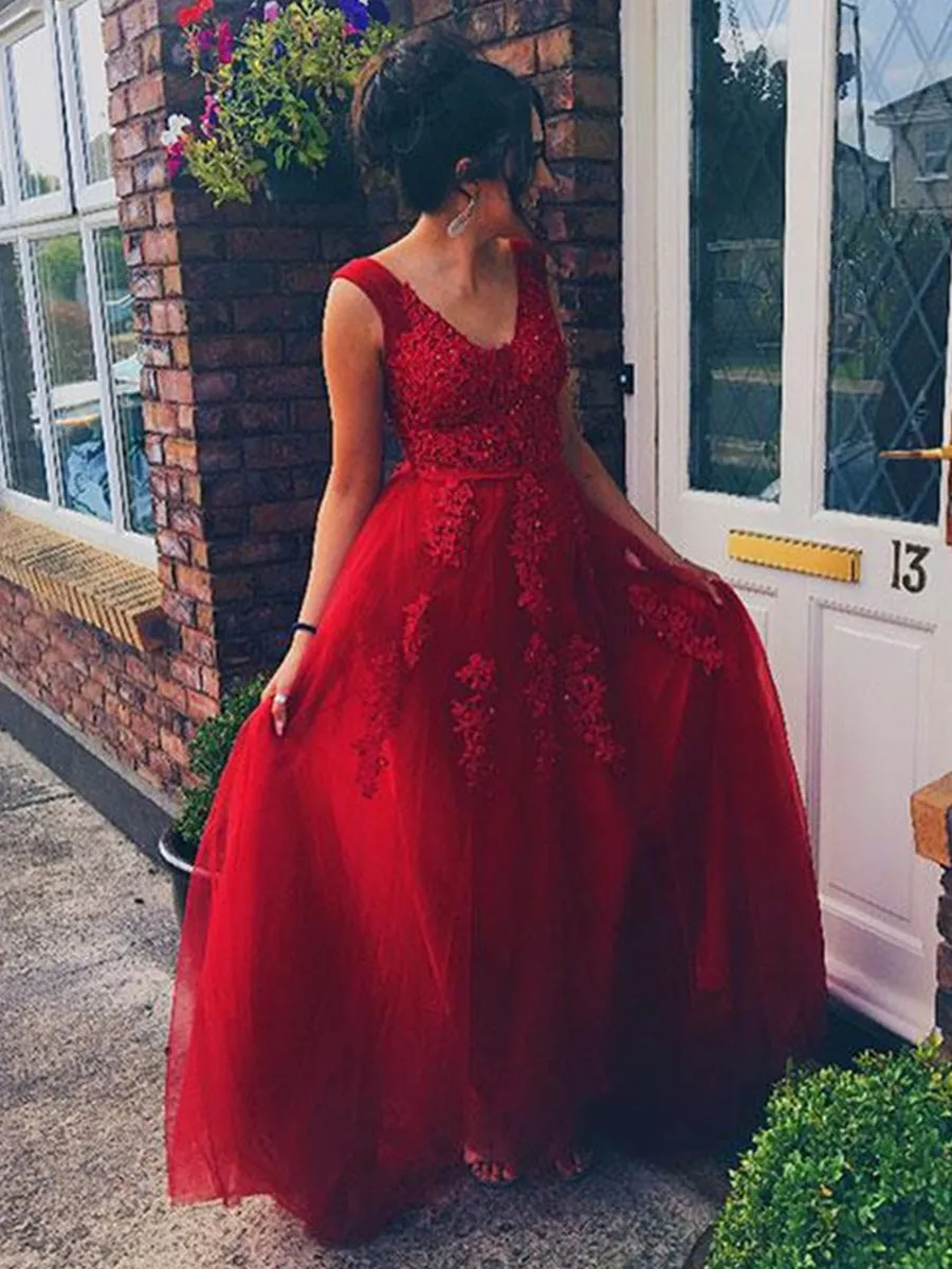 Elegant V Neck Red Lace Long Prom, Red Lace Formal, Red Evening