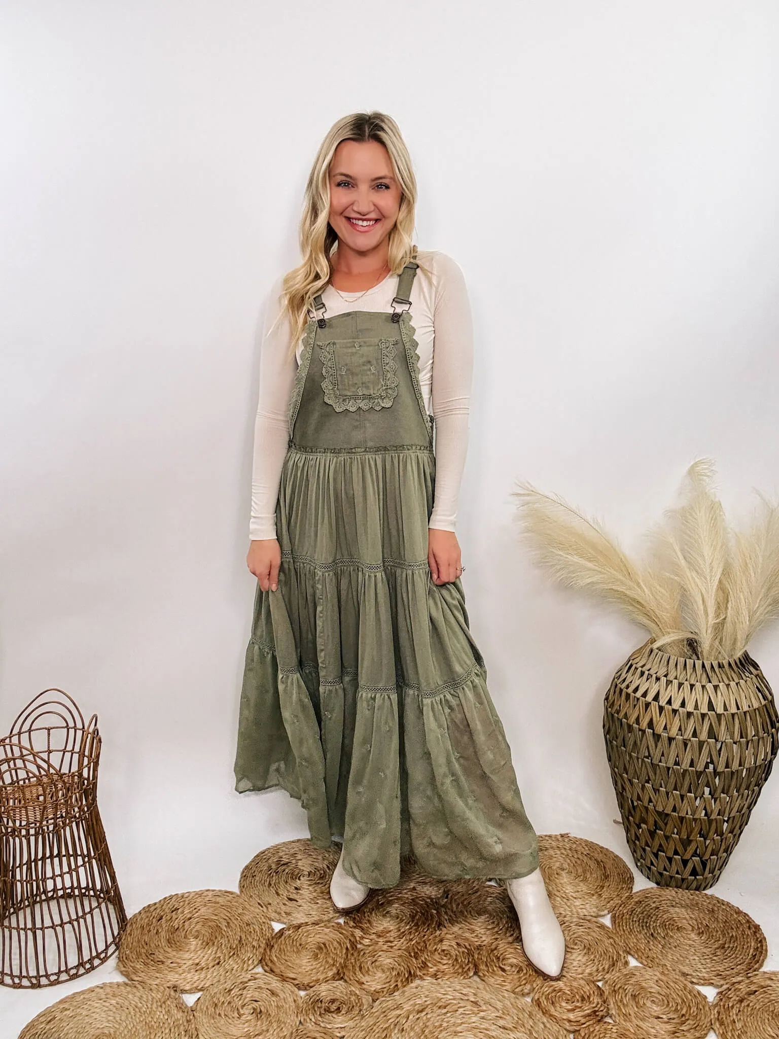 FLASH SALE - Boho Olive Green Lace Tiered Overall Skirtall Maxi Dress