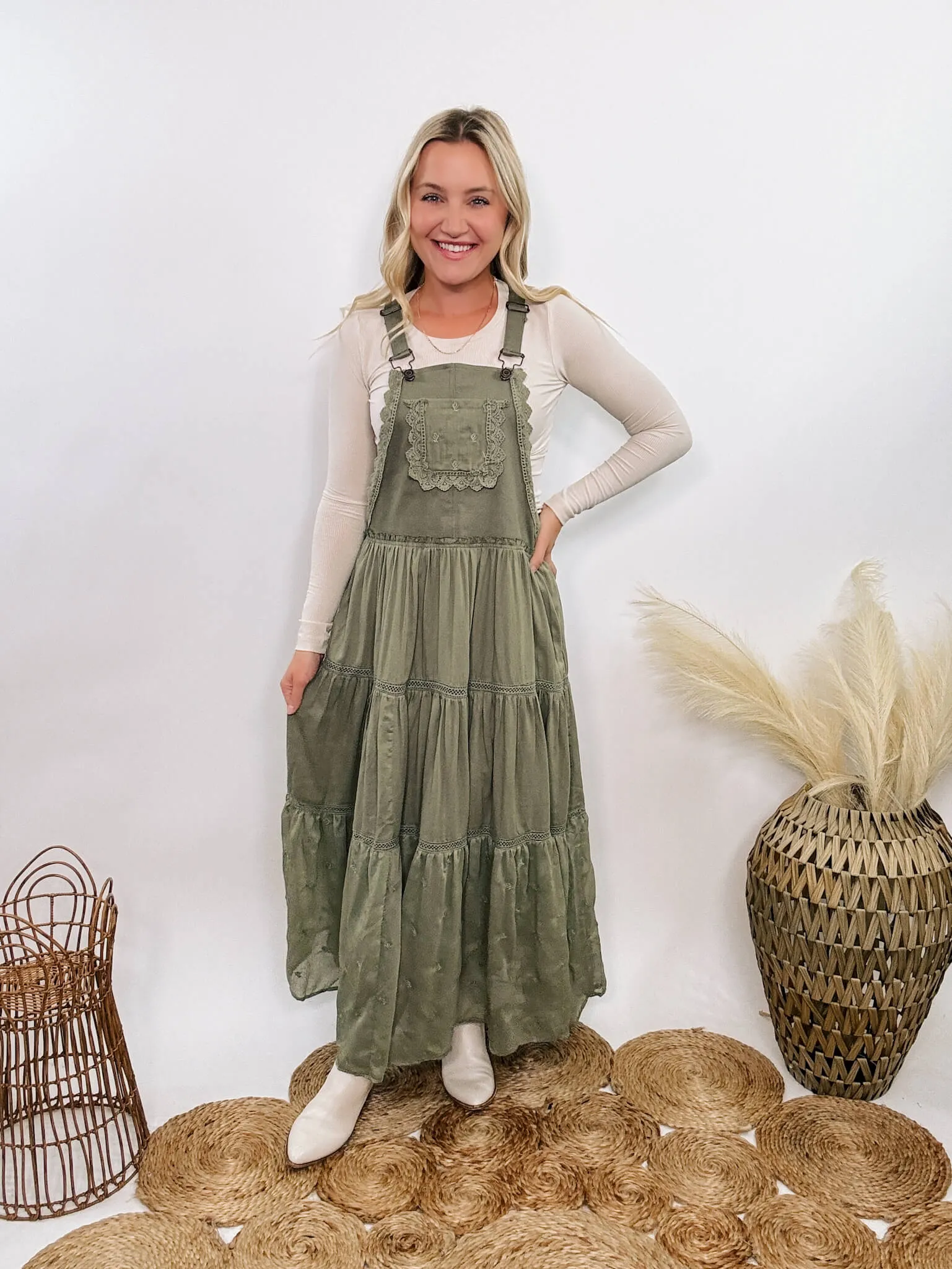 FLASH SALE - Boho Olive Green Lace Tiered Overall Skirtall Maxi Dress