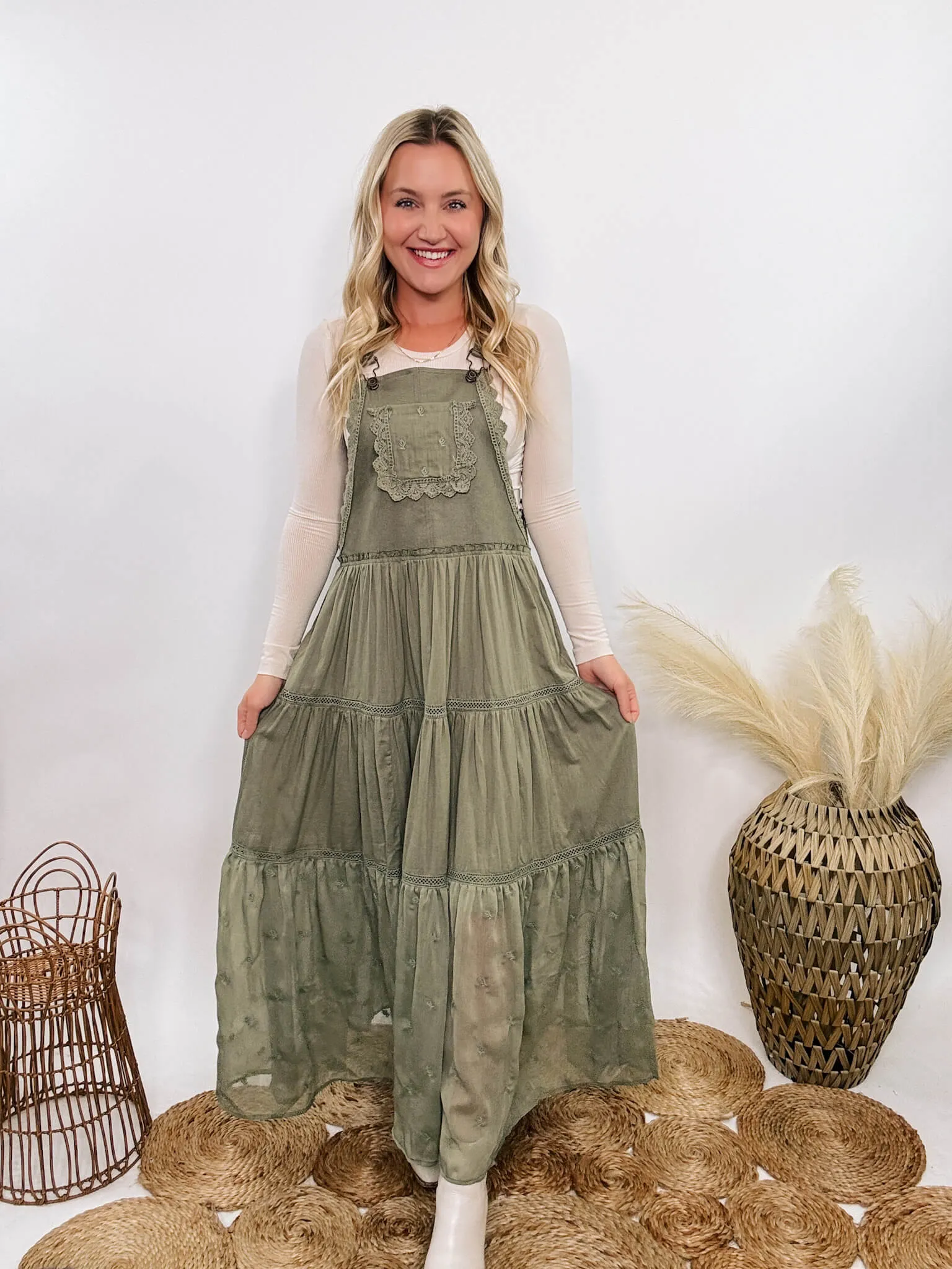 FLASH SALE - Boho Olive Green Lace Tiered Overall Skirtall Maxi Dress