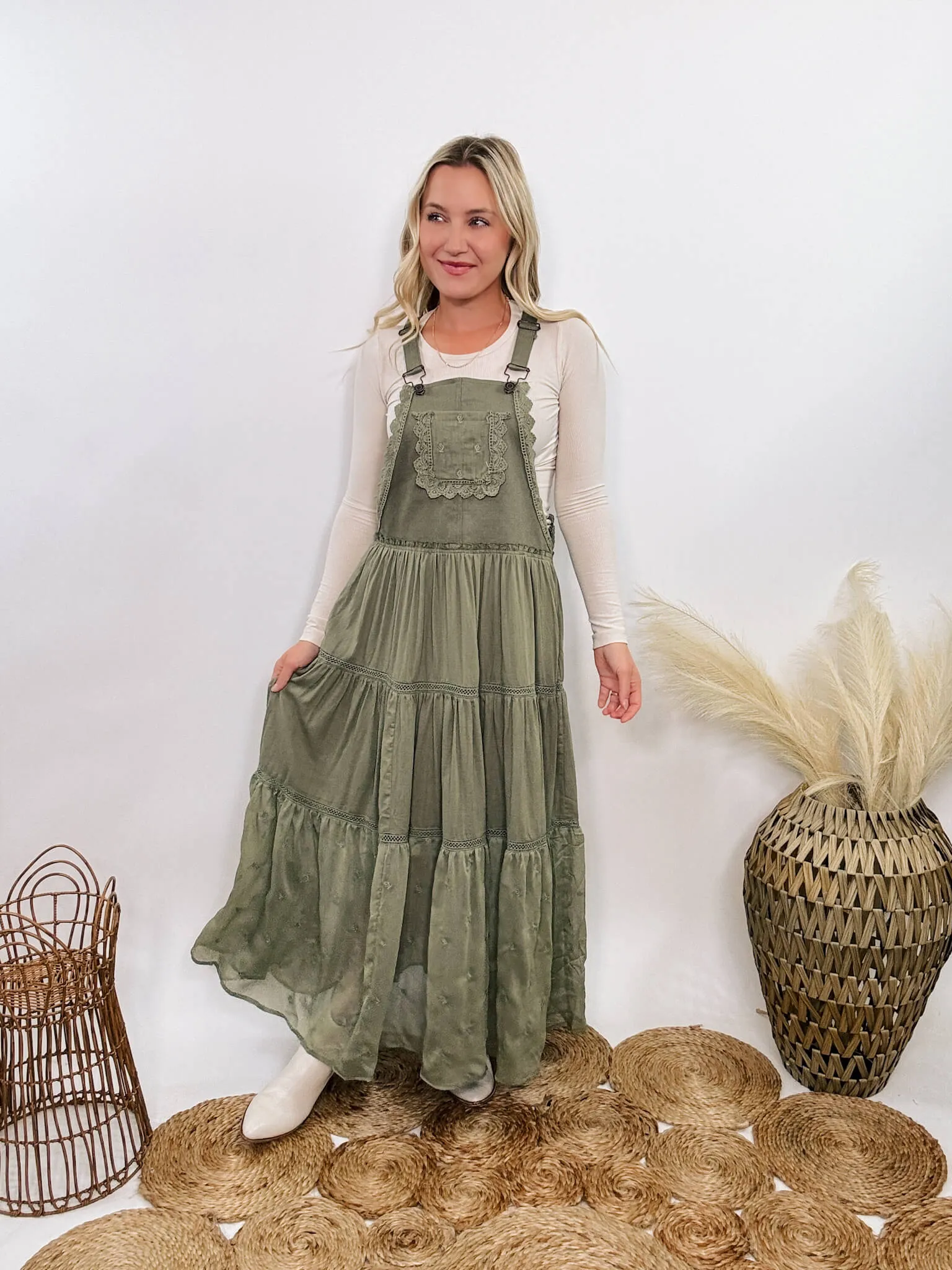 FLASH SALE - Boho Olive Green Lace Tiered Overall Skirtall Maxi Dress