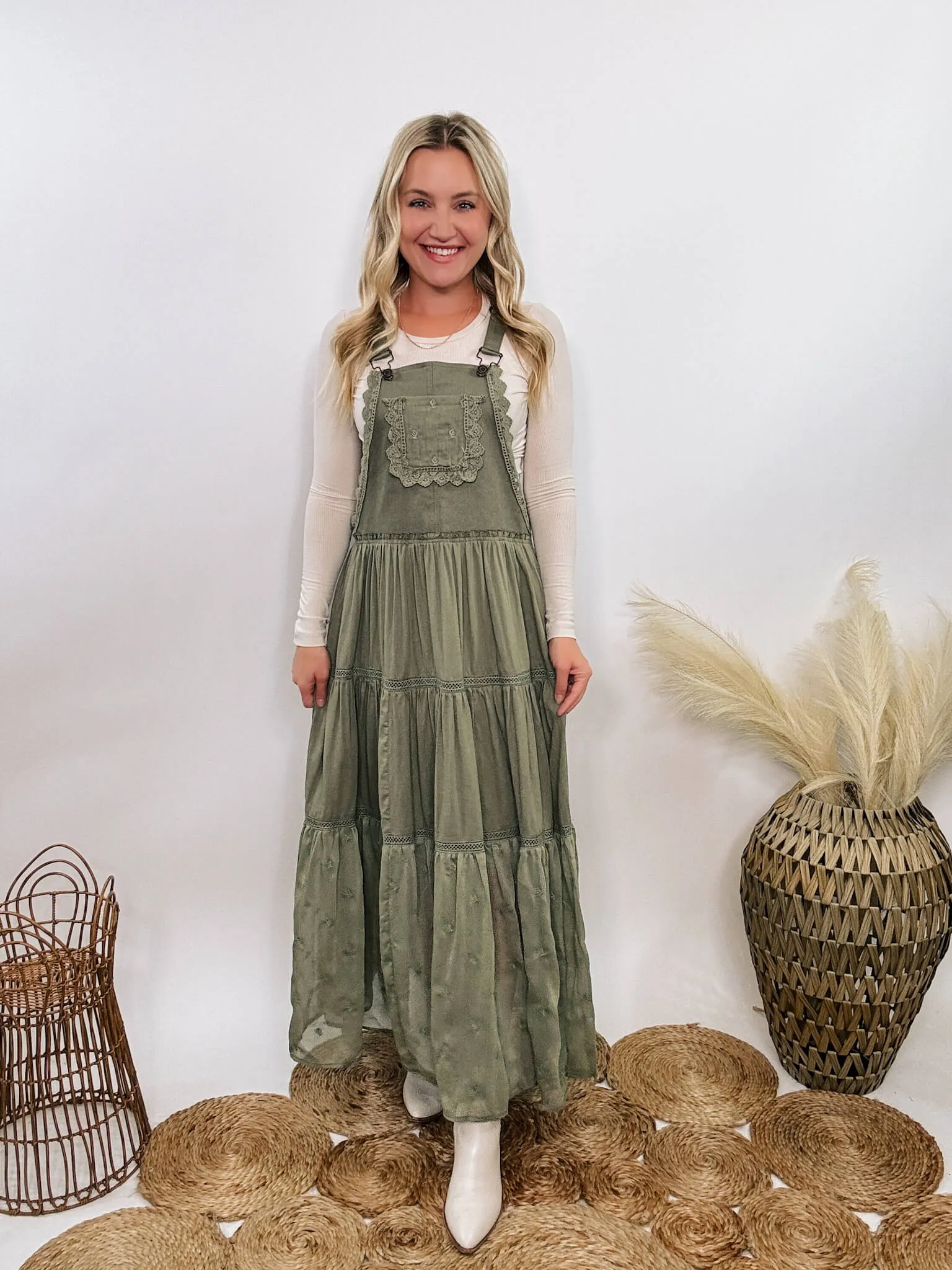 FLASH SALE - Boho Olive Green Lace Tiered Overall Skirtall Maxi Dress