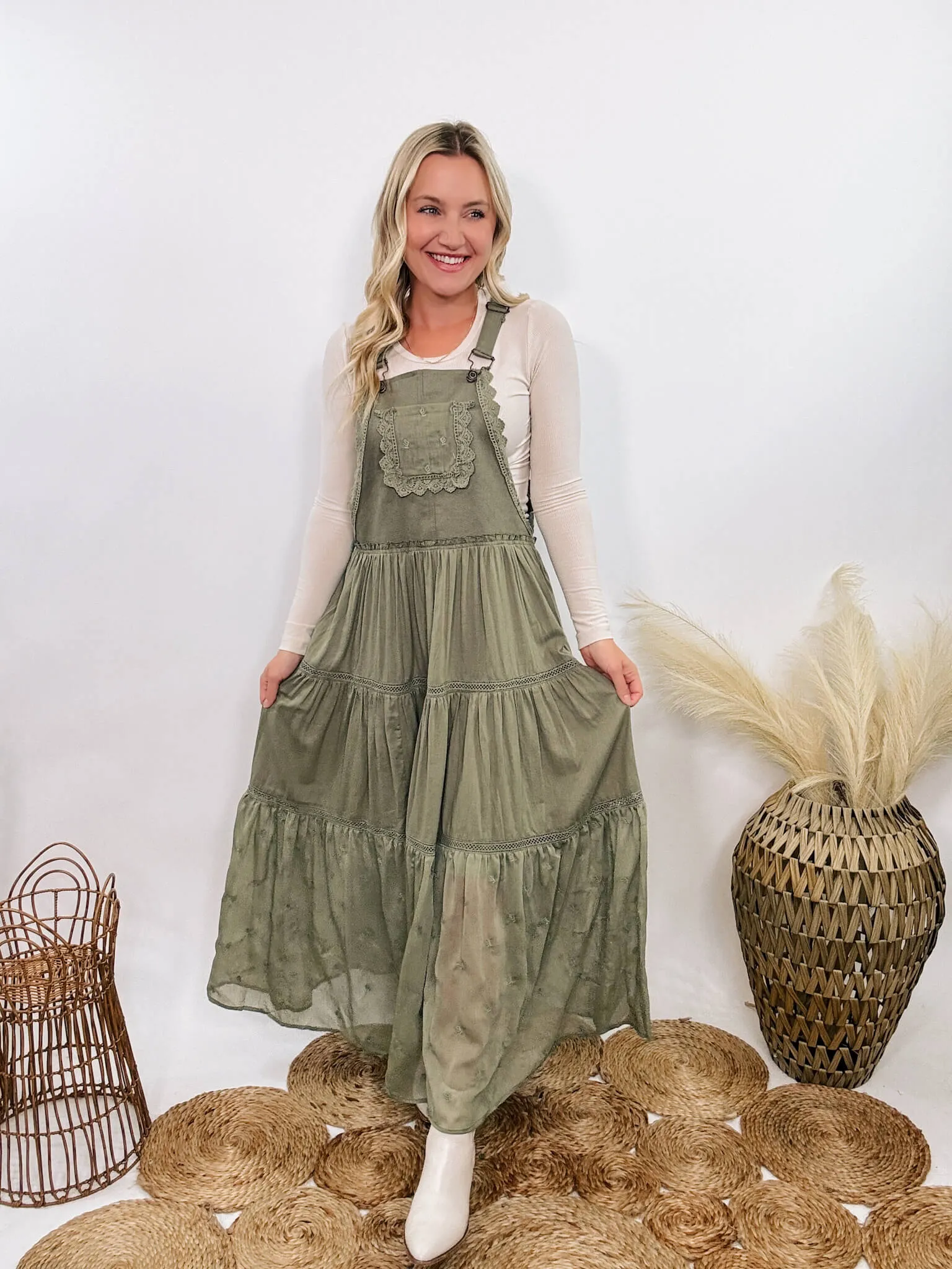 FLASH SALE - Boho Olive Green Lace Tiered Overall Skirtall Maxi Dress