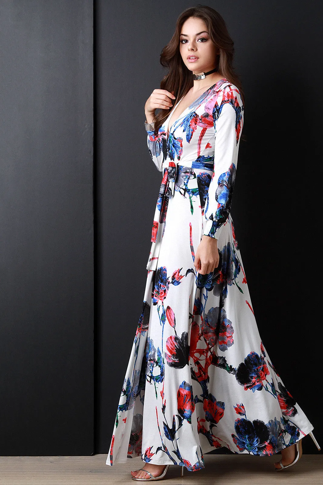 Floral Print Surplice Longsleeve Dress